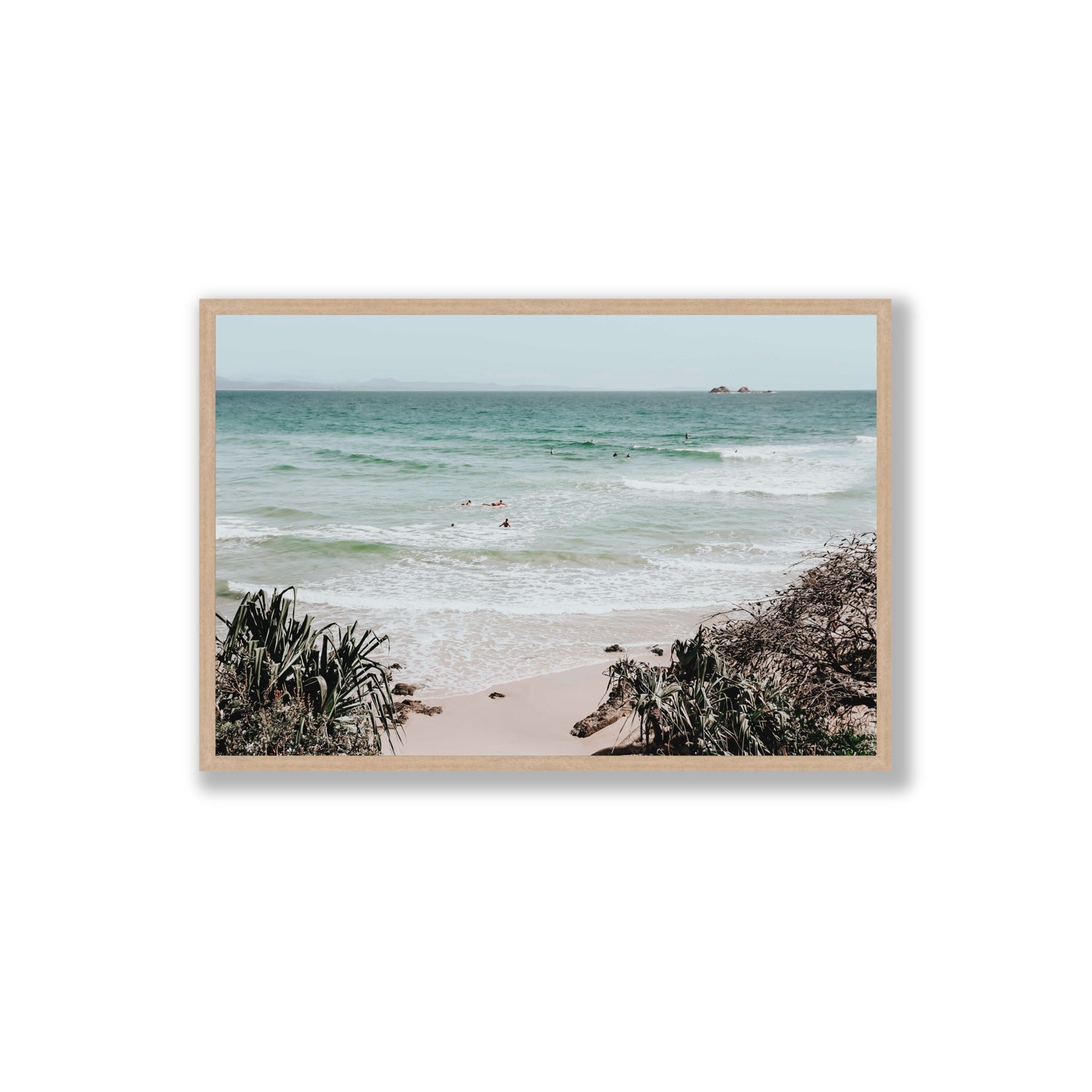 Surf City Byron Bay Surf coastal wall art Extra Large full-bleed fine art print in natural oak frame