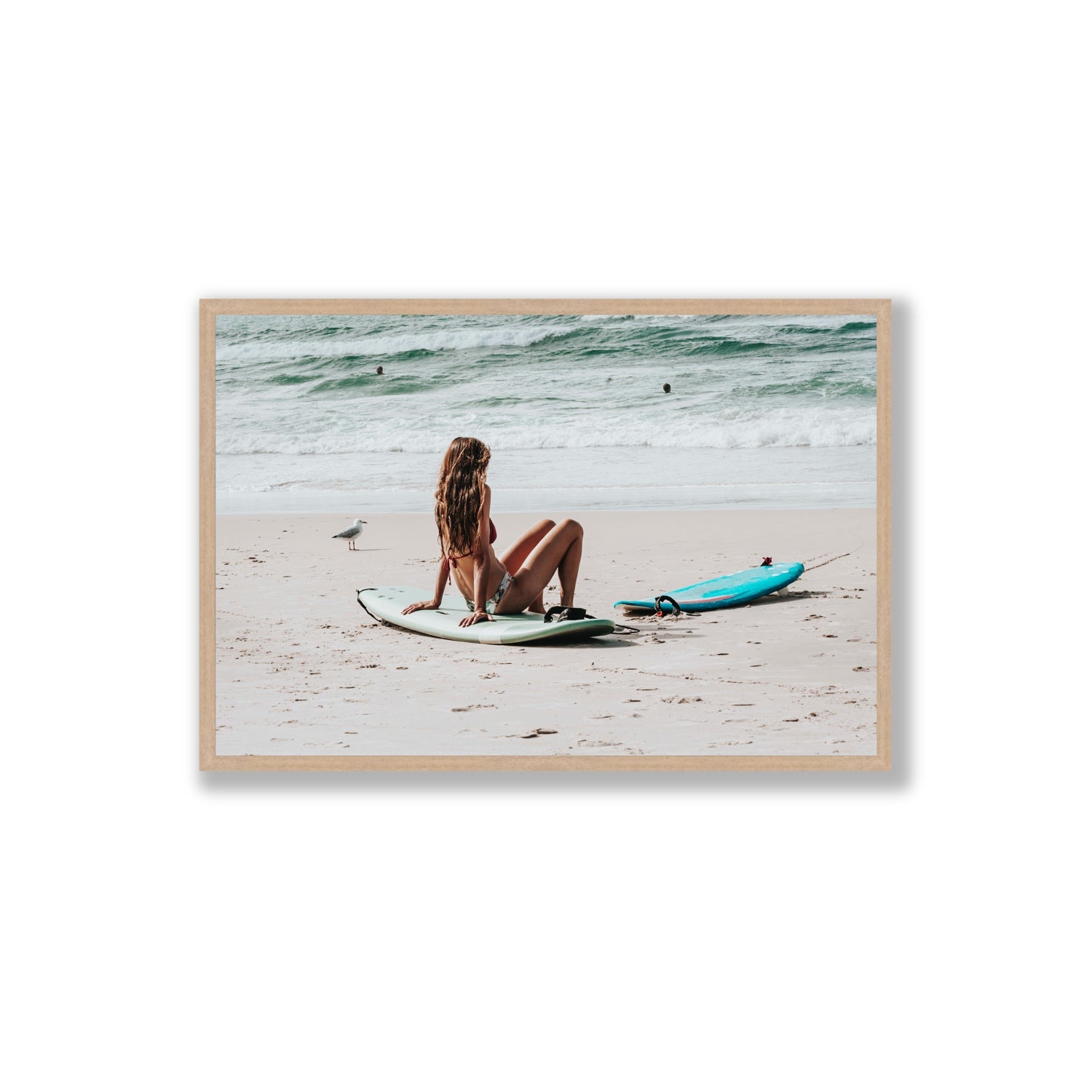 Ciao Bella Byron Bay Surf coastal wall art Extra Large full-bleed fine art print in natural oak frame
