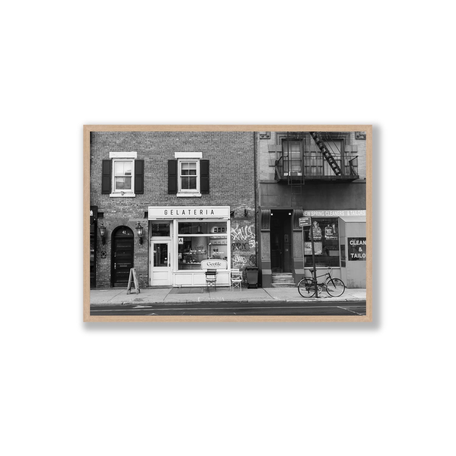 West Village Dolcezza New York NYC Black & White wall art Extra Large full-bleed fine art print in natural oak frame