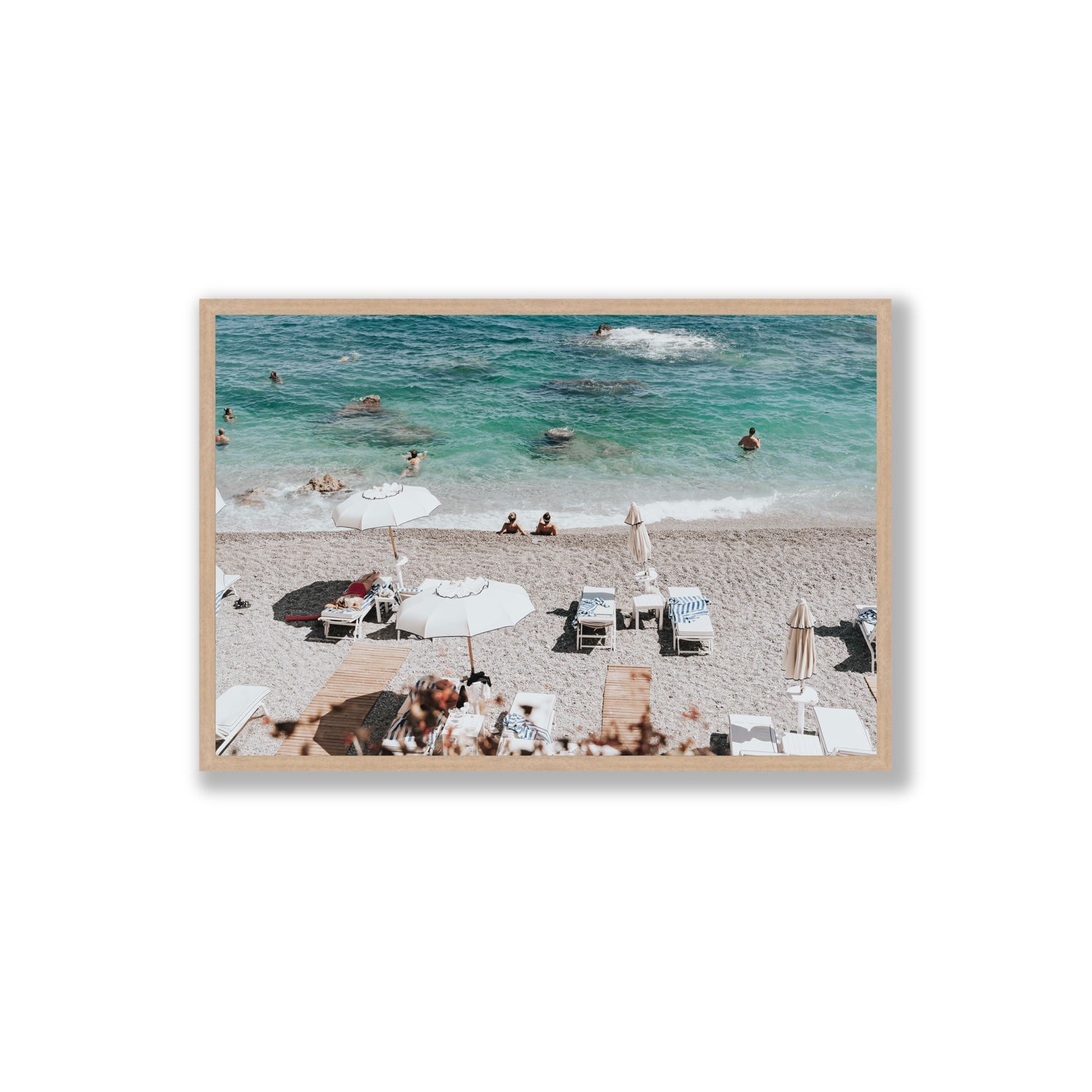 Amicizia Amalfi Italian beach wall art Extra Large full-bleed fine art print in natural oak frame