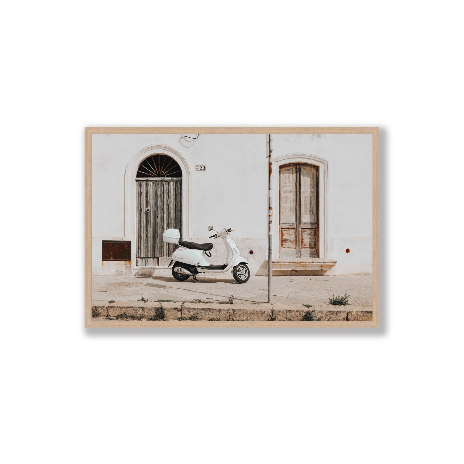 Vespa Nostalgia Puglia Italian wall art Extra Large full-bleed fine art print in natural oak frame