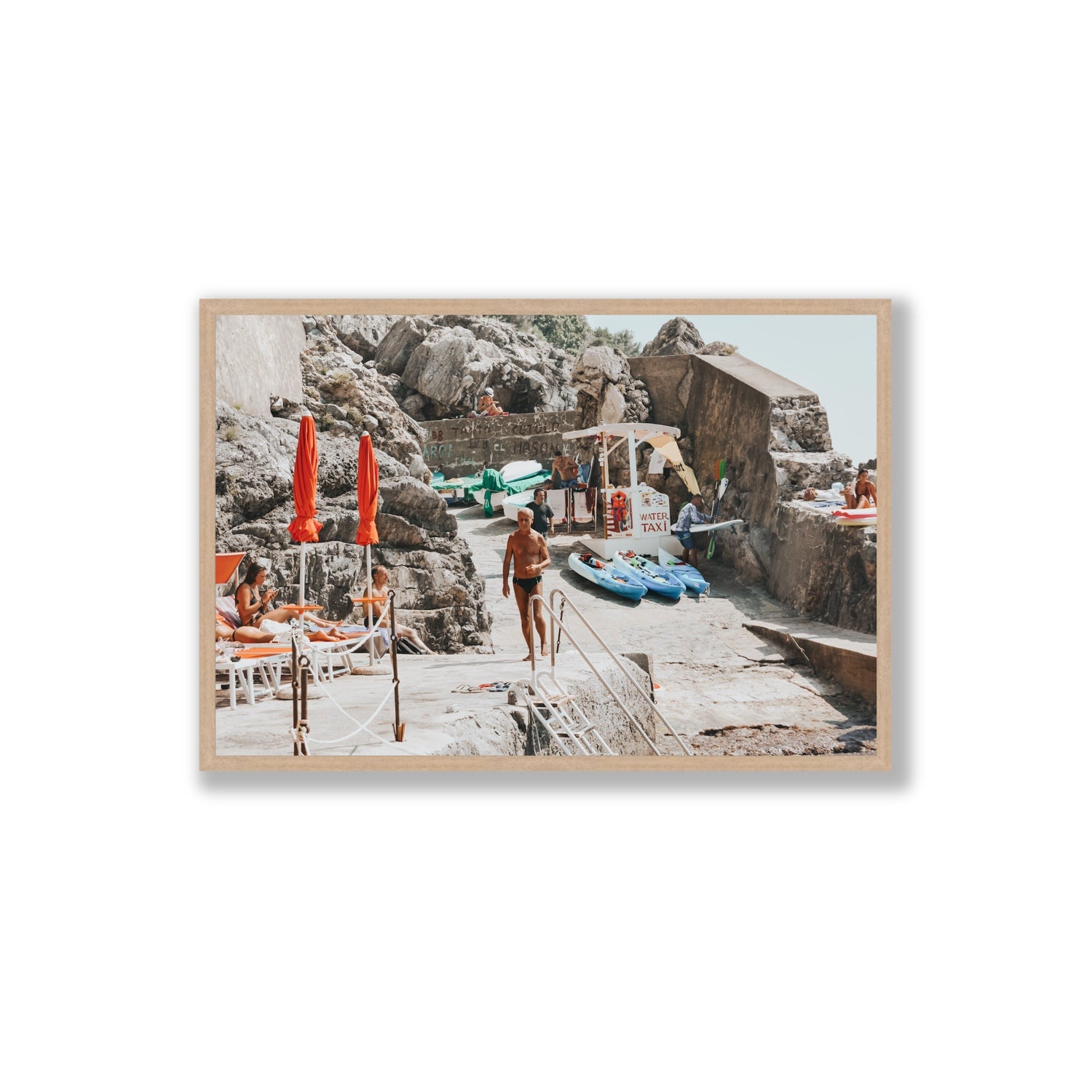 The Local Praiano Amalfi Coast Mediterranean wall art Extra Large full-bleed fine art print in natural oak frame