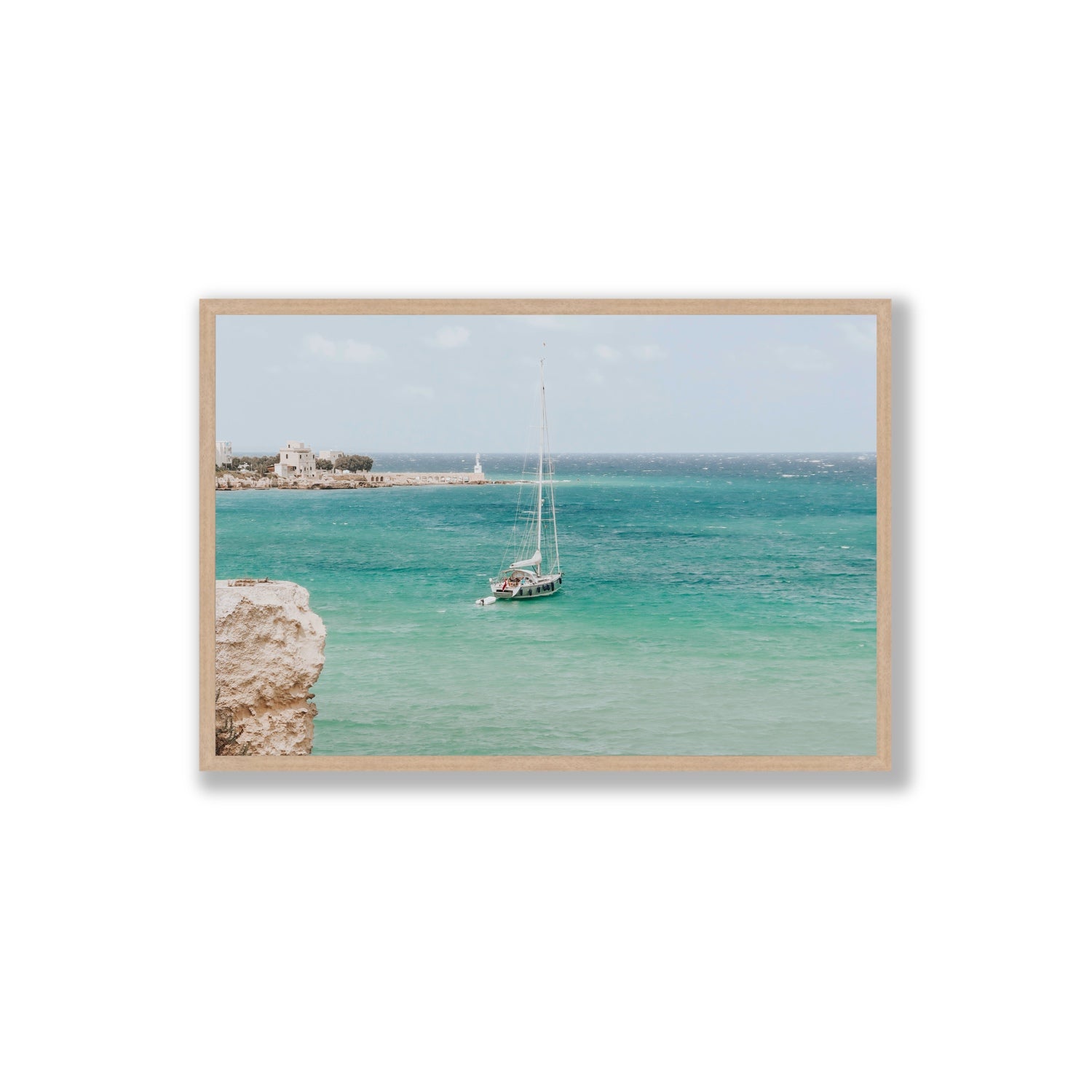 Adriatic Escape Puglia Italian coastal decor wall art Extra Large full-bleed fine art print in natural oak frame