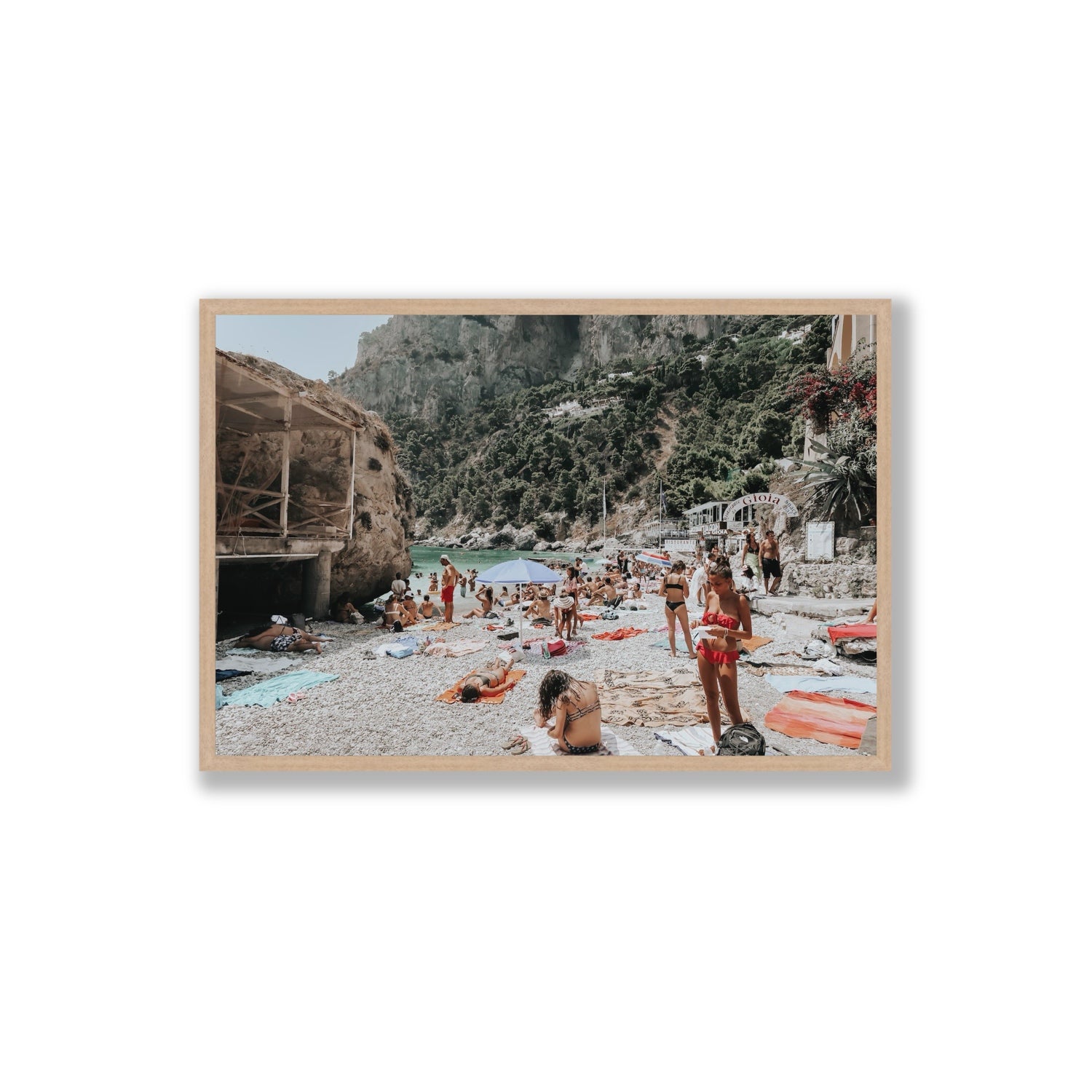 Spiaggia Da Gioia Capri beach coastal wall art Extra Large full-bleed fine art print in natural oak frame