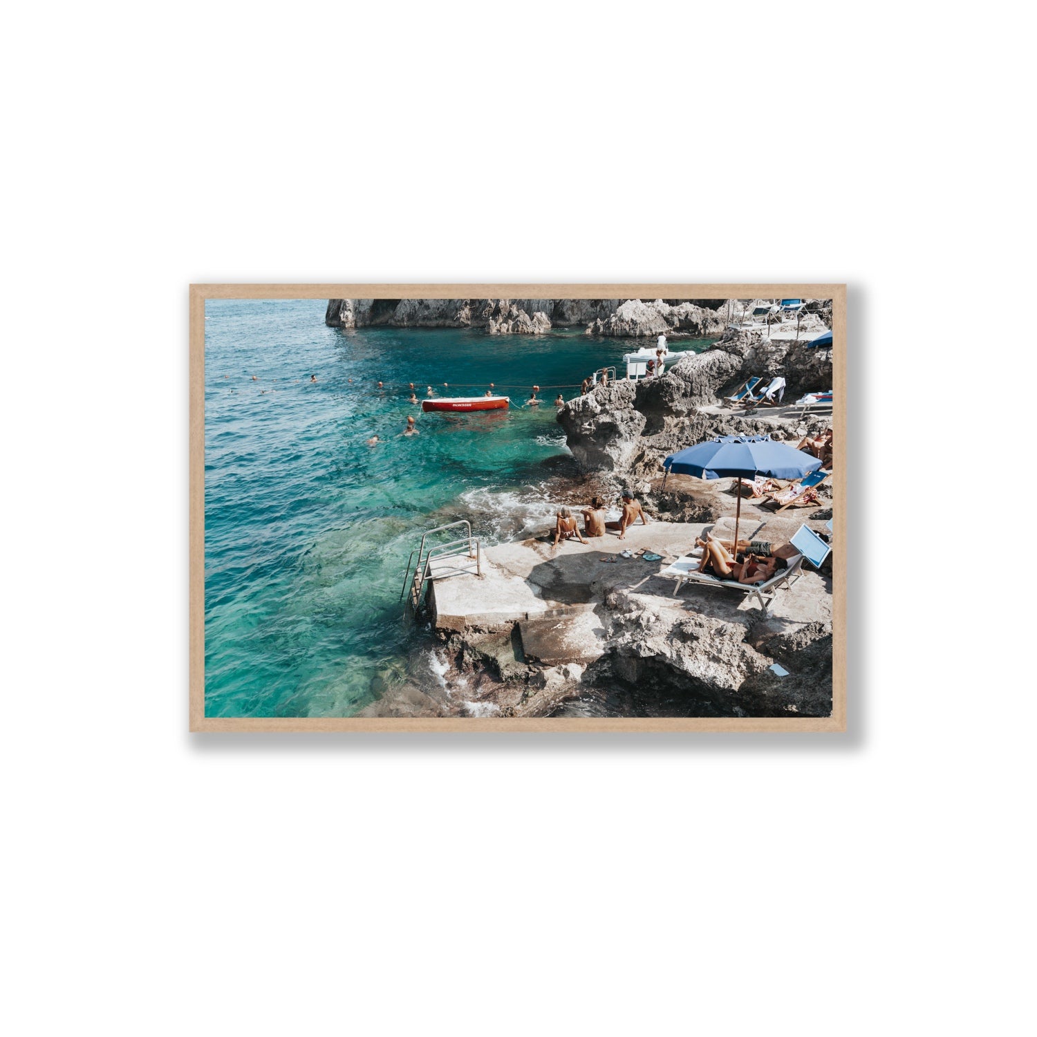 Serenity By The Sea Capri Mediterranean wall art Extra Large full-bleed fine art print in natural oak frame