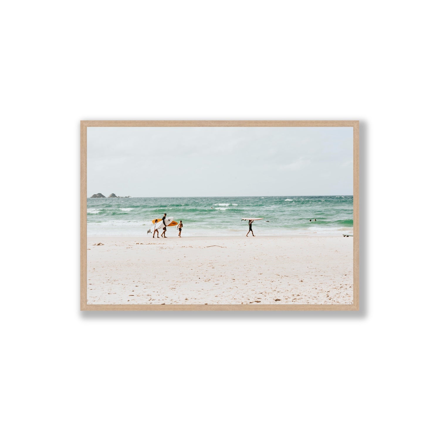 La Famiglia Byron Bay Family Surf coastal wall art Extra Large full-bleed fine art print in natural oak frame