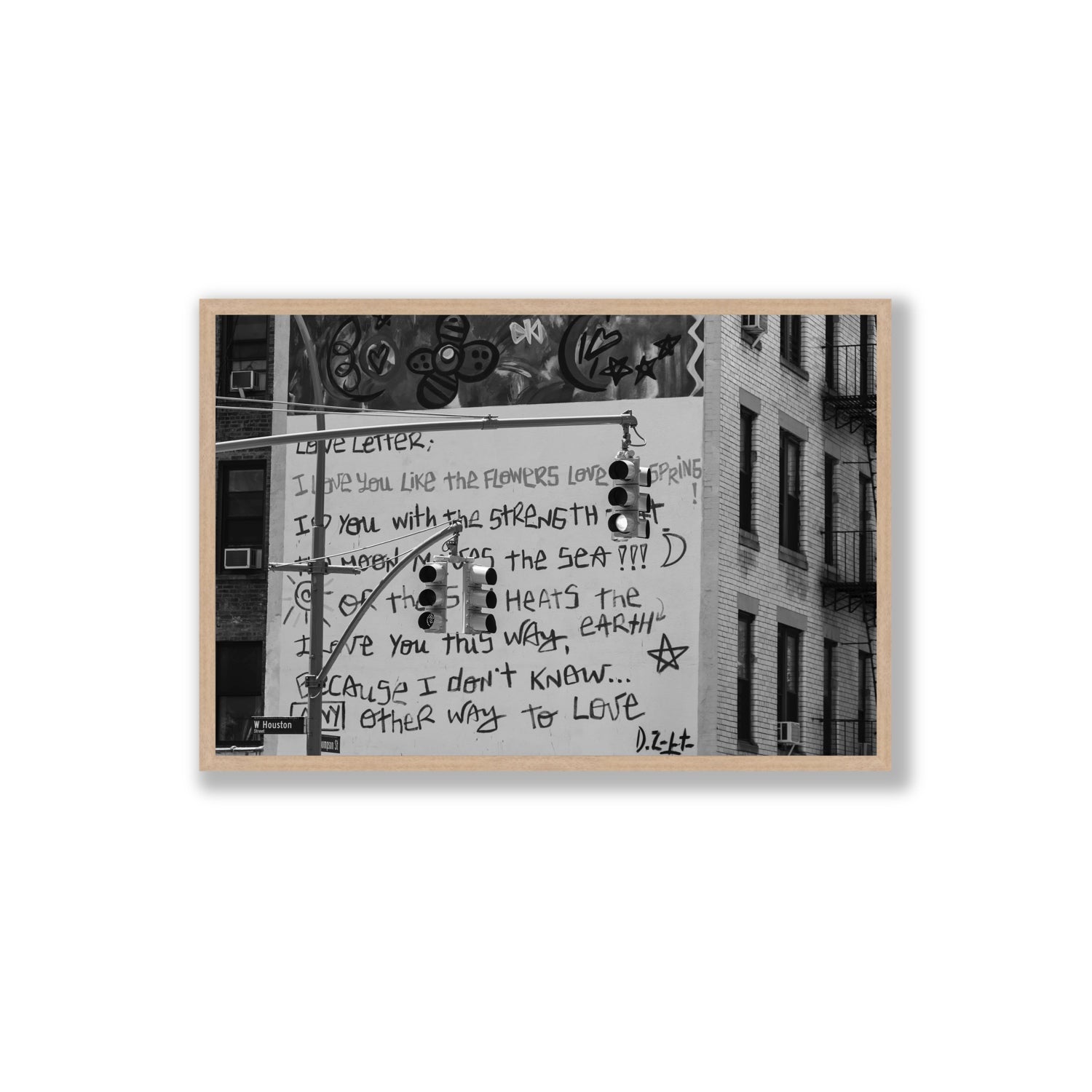 Love Letter New York NYC Black & White wall art Extra Large full-bleed fine art print in natural oak frame