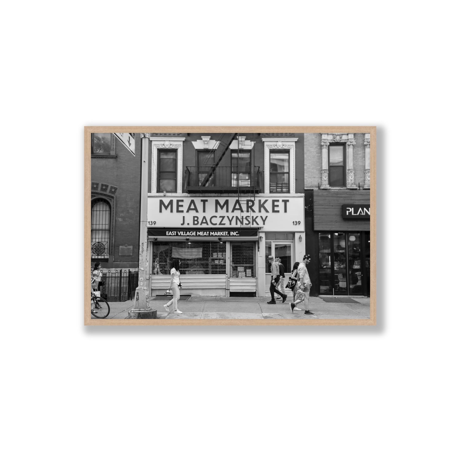 Meat District New York NYC Black & White wall art Extra Large full-bleed fine art print in natural oak frame