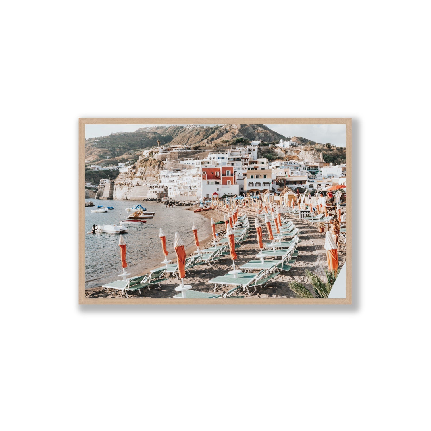 Sole Estivo Ischia Italian coastal wall art Extra Large full-bleed fine art print in natural oak frame