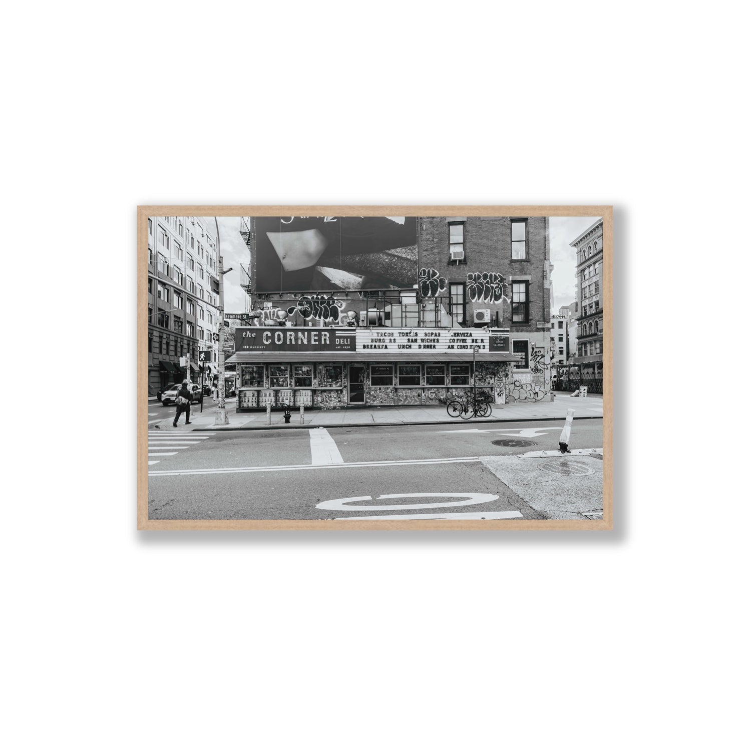 Kenmare Street New York NYC Black & White wall art Extra Large full-bleed fine art print in natural oak frame