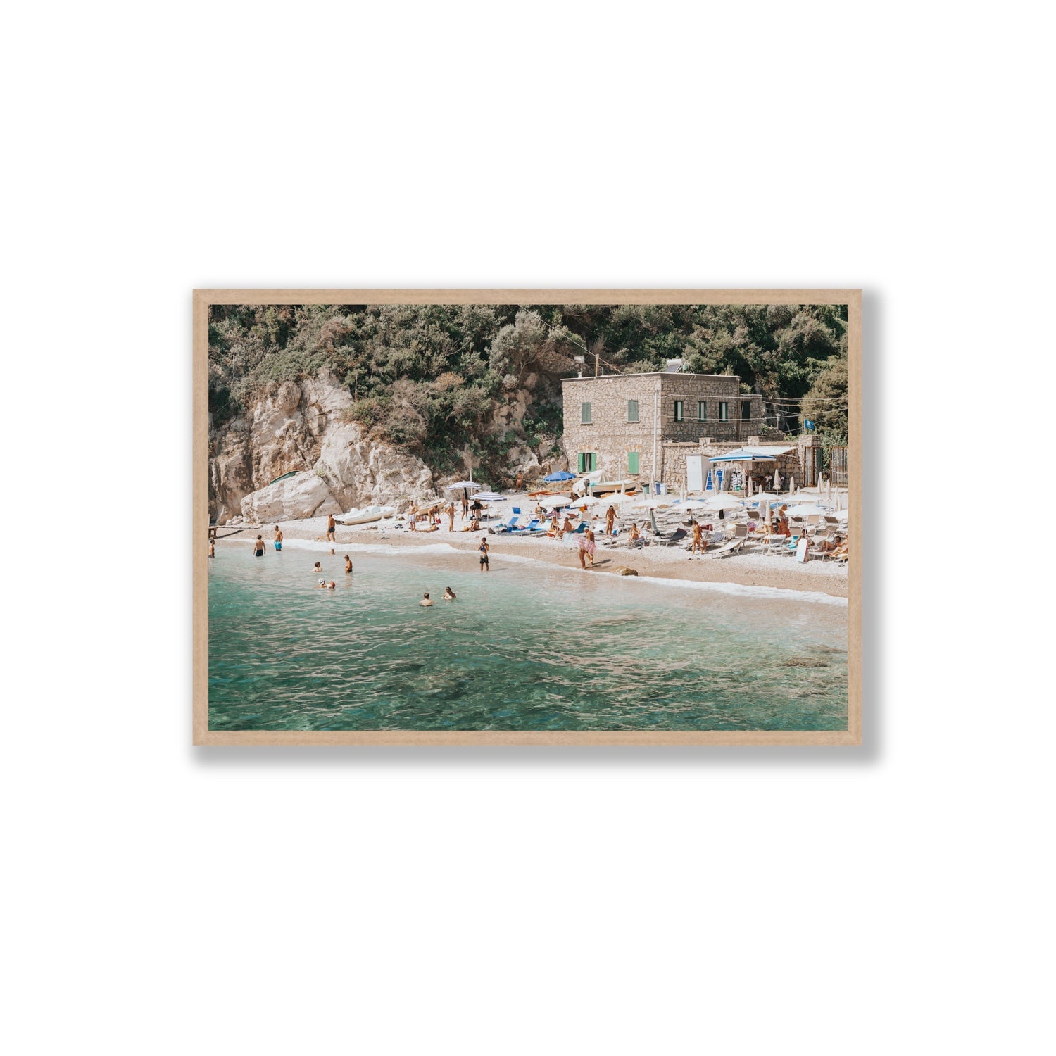 Secluded Sanctuary Nerano Italian Mediterranean decor wall art Extra Large full-bleed fine art print in natural oak frame