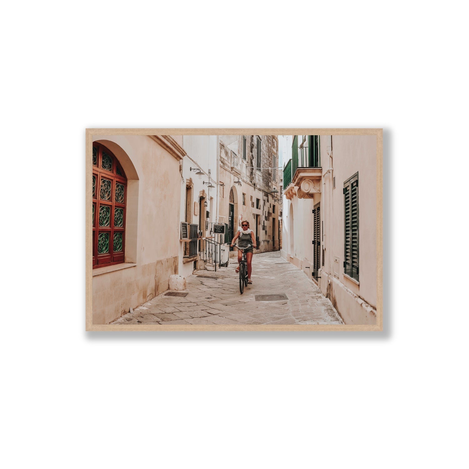 La Donna In Bicicletta Puglia Wall Italian fine art print Extra Large full-bleed fine art print in natural oak frame
