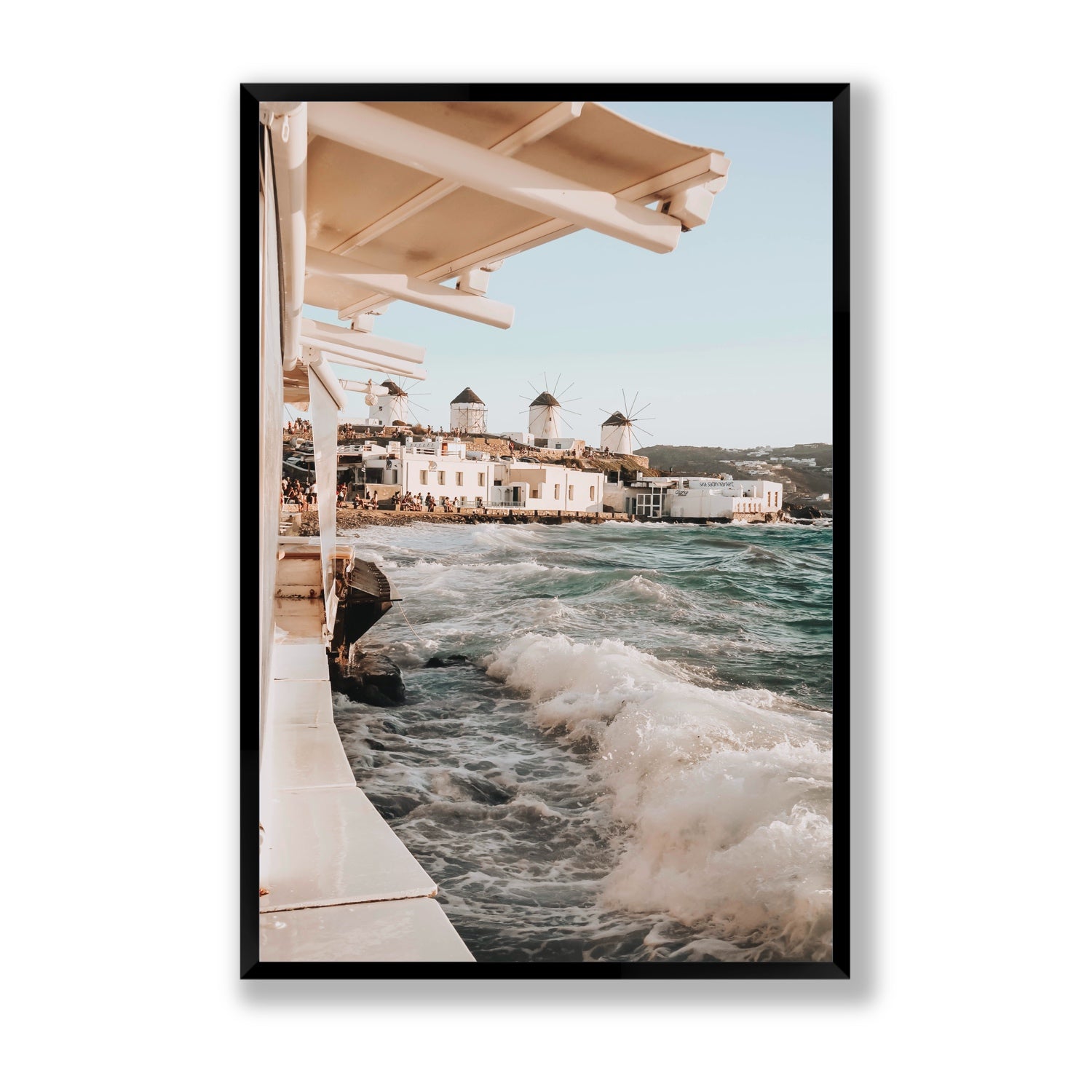 Windmills Mykonos Greek island wall art Statement full-bleed fine art print in black frame