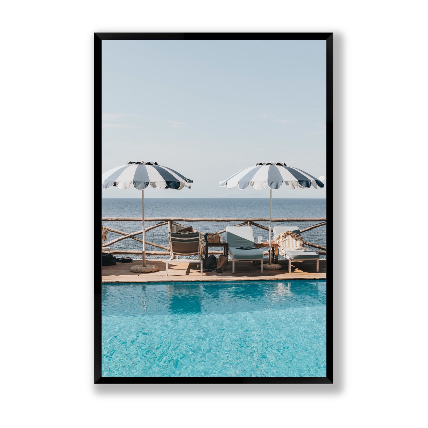 Beach Retreat fine art print, Ischia, Italy, european beach clubs artwork, Statement, Black Frame · Full Bleed, Fine Art Print