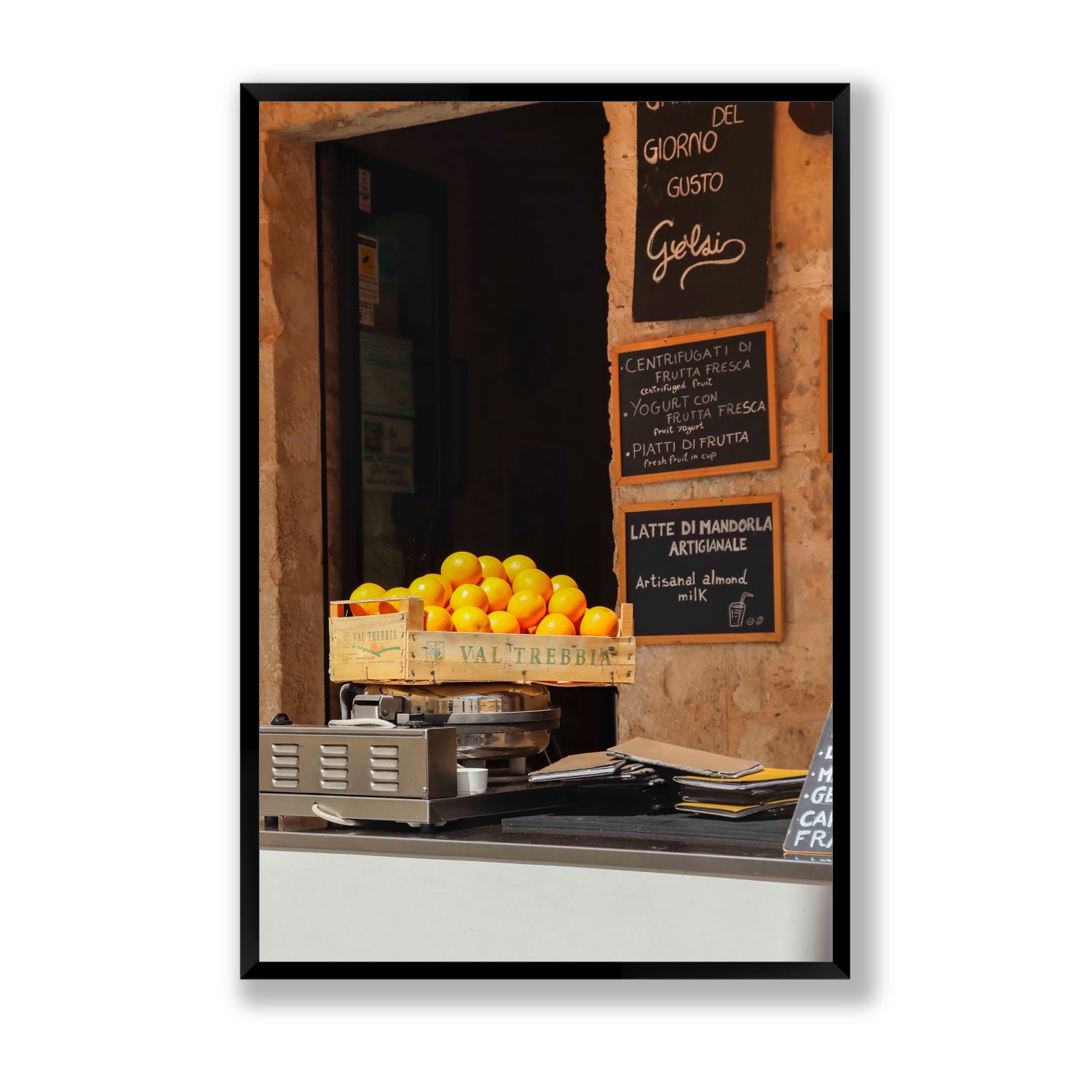 Luminous Citrus Puglia Ostuni Italian wall art Statement full-bleed fine art print in black frame