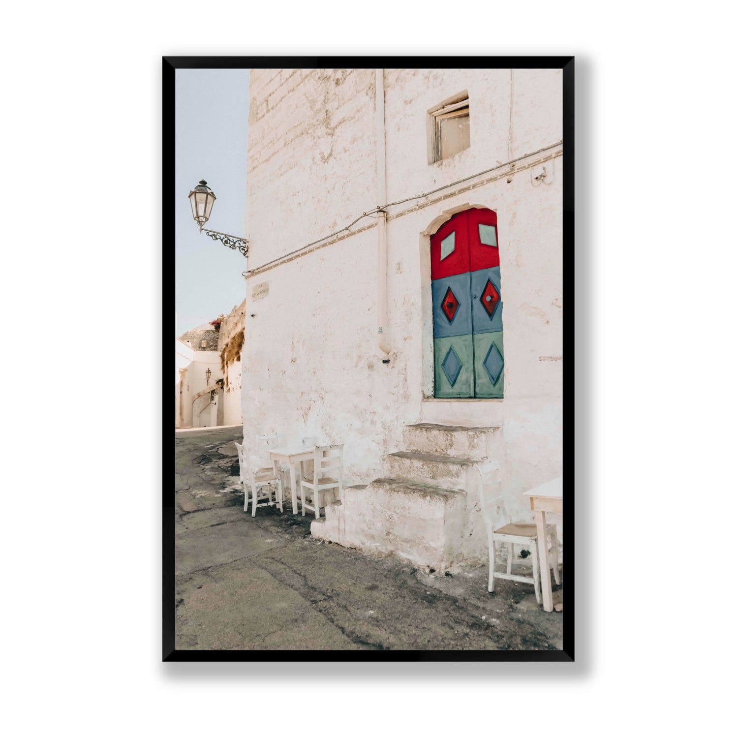 Doorway Delight Puglia Ostuni wall art Statement full-bleed fine art print in black frame