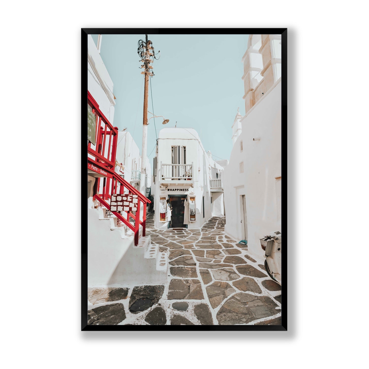 Happiness Mykonos Greek island wall art Statement full-bleed fine art print in black frame
