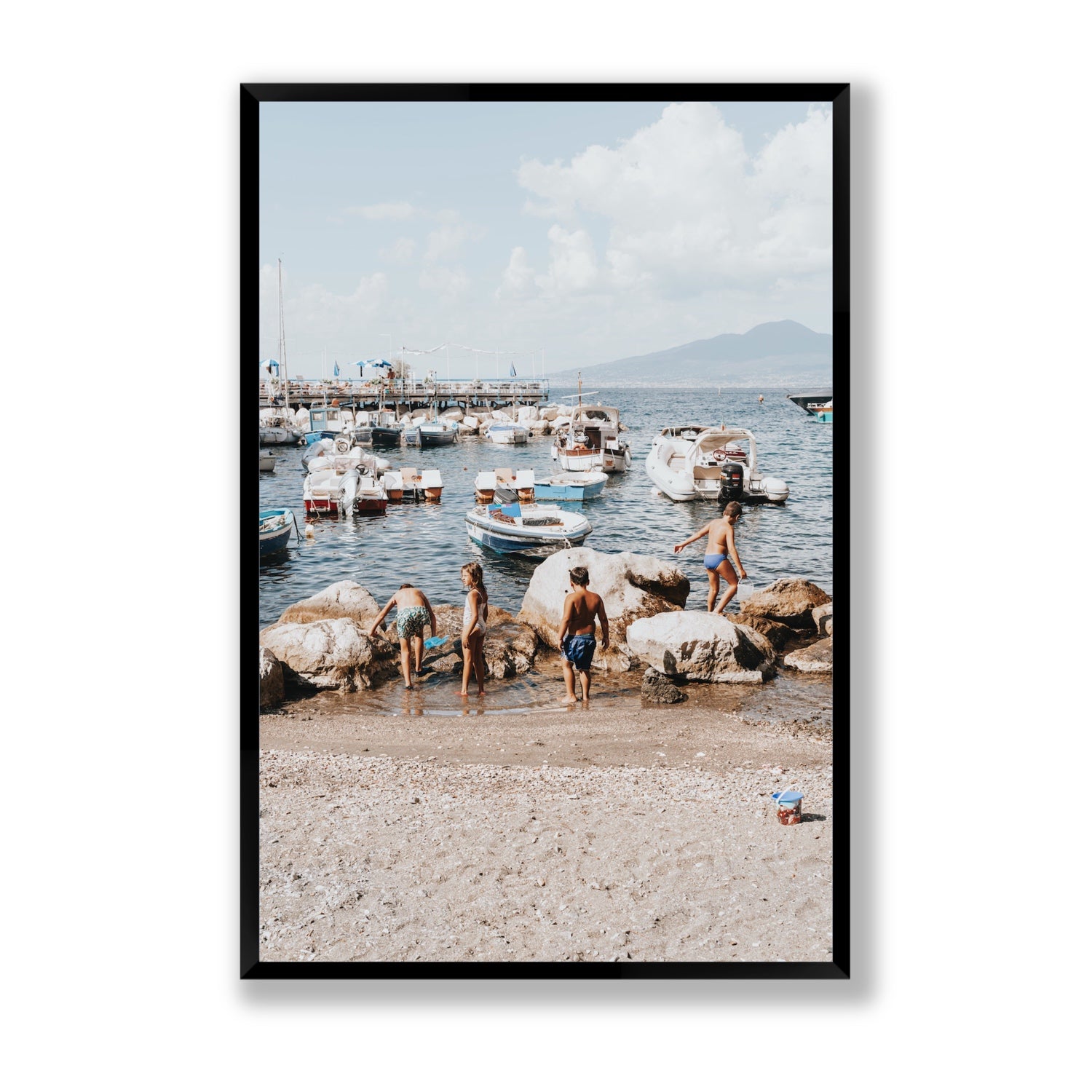 Searching For Treasures Sorrento coastal wall art Statement full-bleed fine art print in black frame