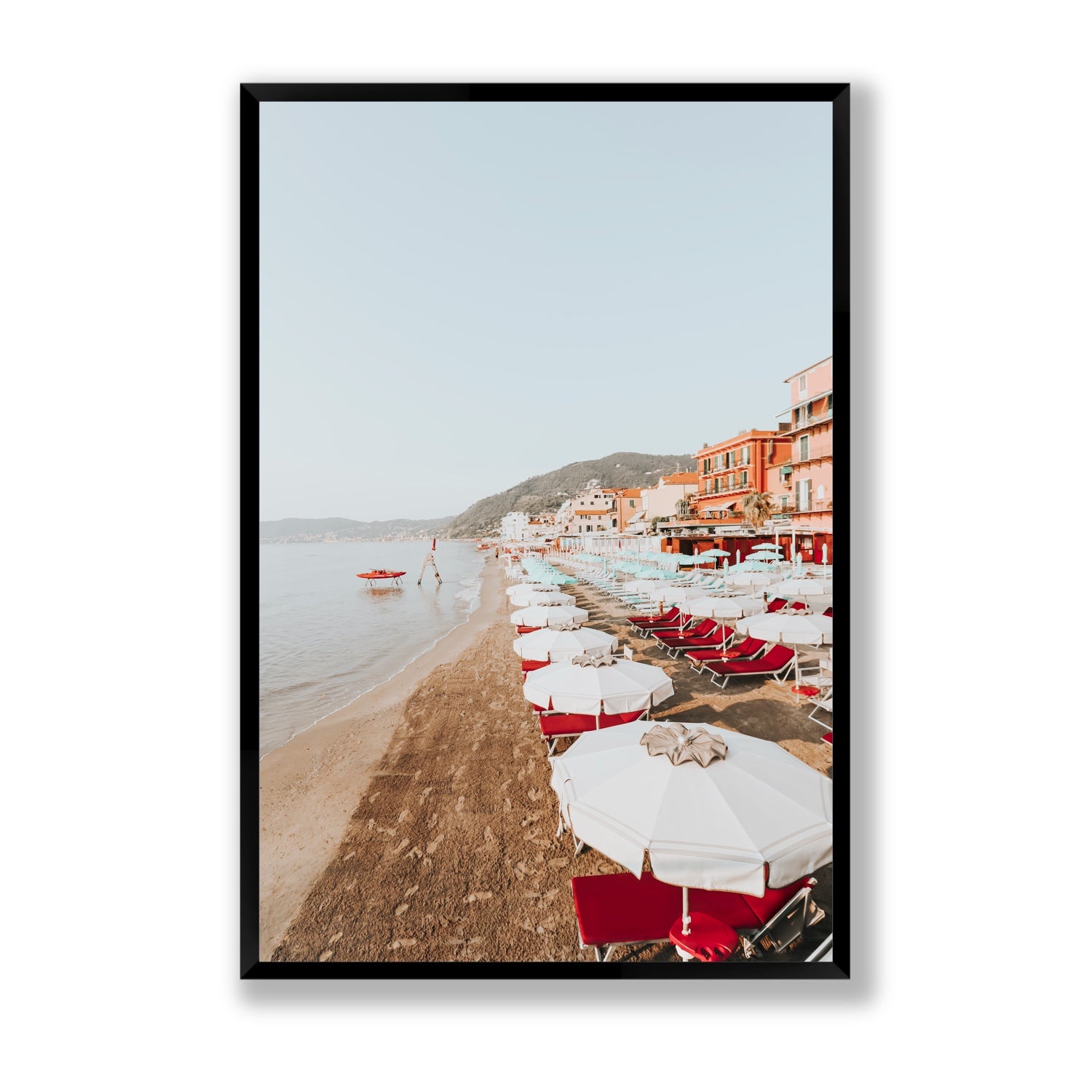 Italian Riviera fine art print, Alassio, Italy, coastal scenes artwork, Statement, Black Frame · Full Bleed, Fine Art Print