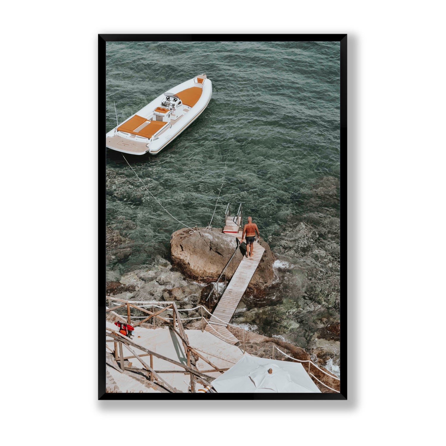 Secret Cove Tuscany coastal Italian wall art Statement full-bleed fine art print in black frame