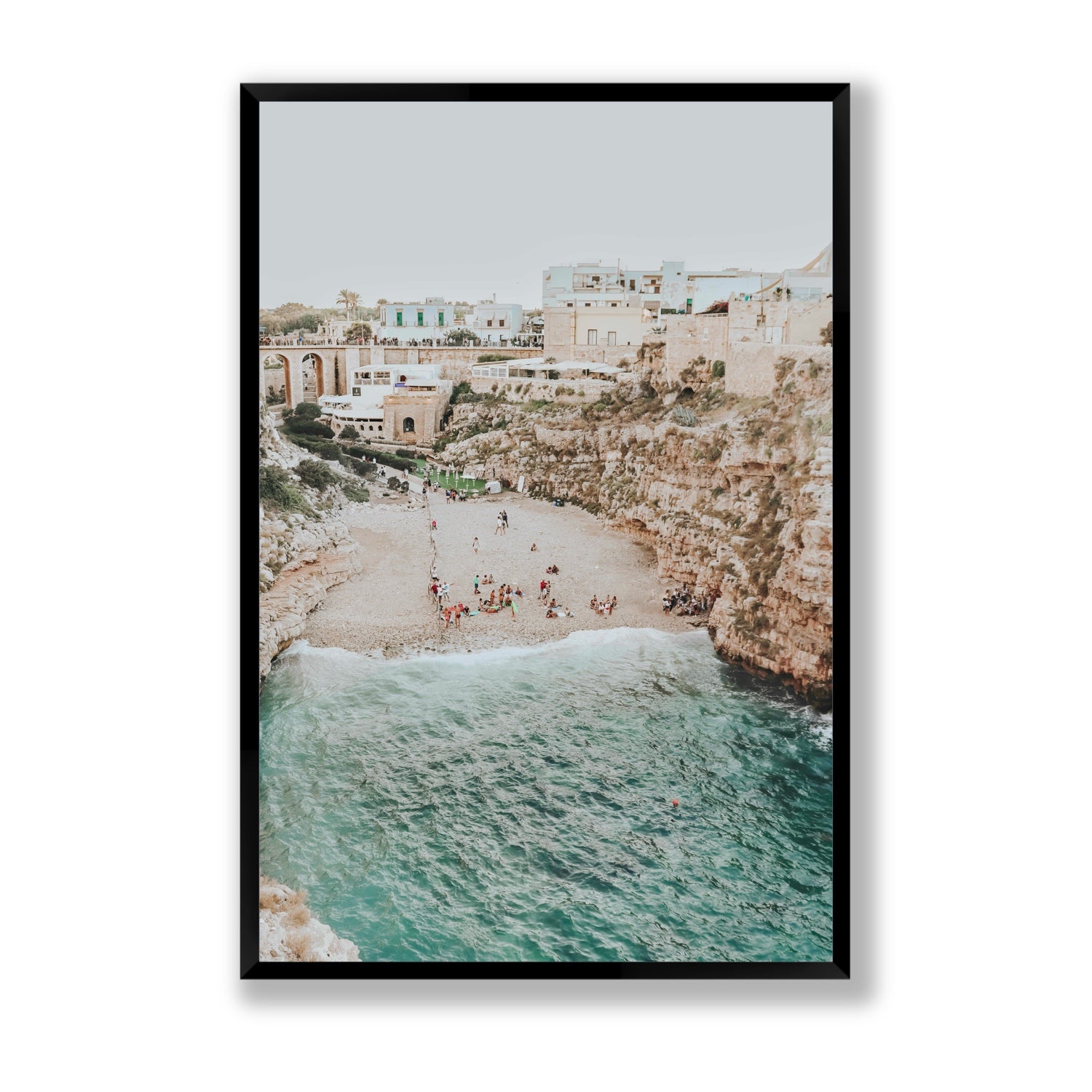 Polignano Vista Puglia coastal Italian beach fine art print Statement full-bleed fine art print in black frame