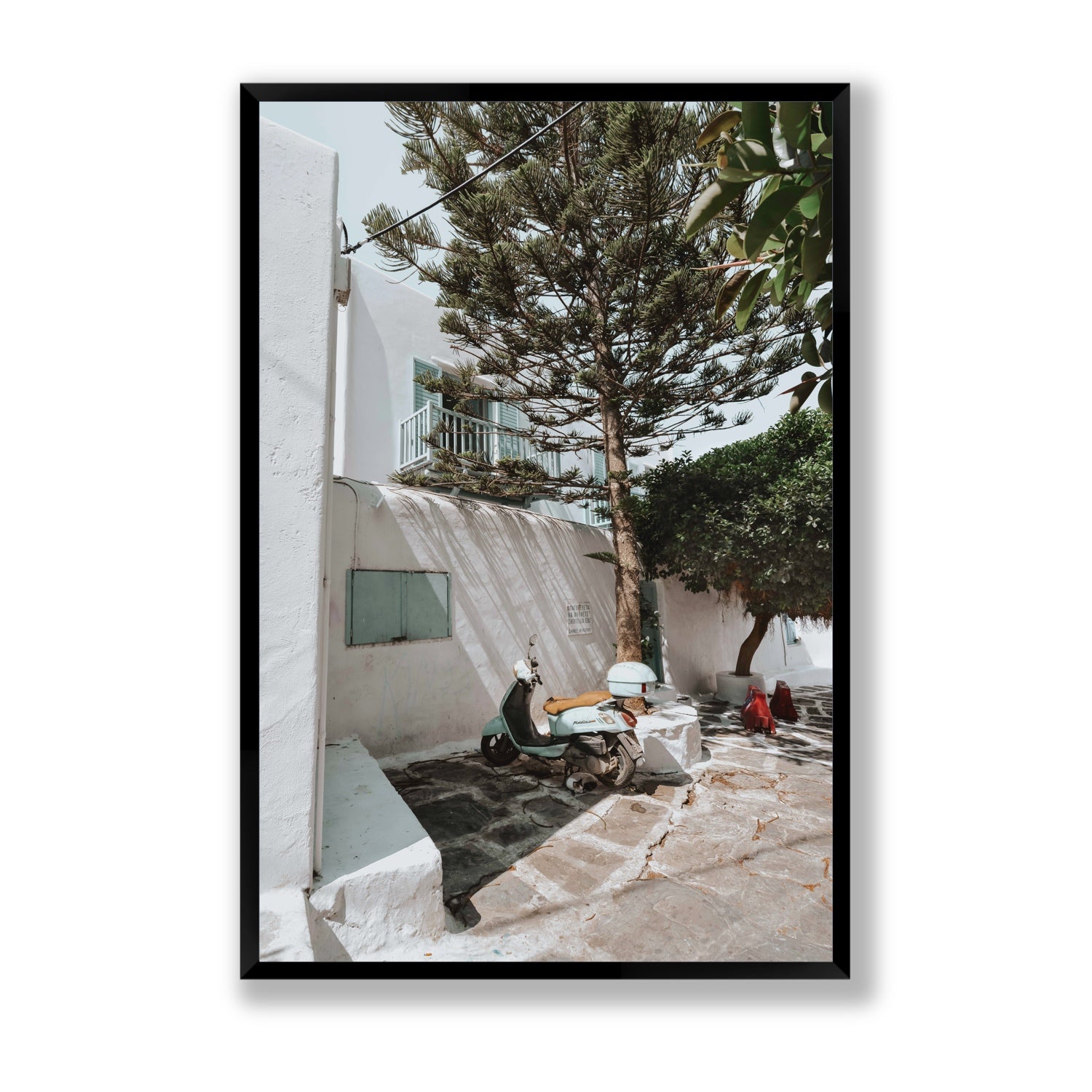 The Getaway Mykonos Mediterranean Greek island art print Statement full-bleed fine art print in black frame