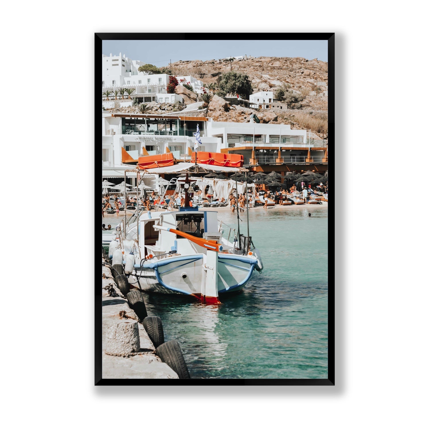 Travel In Style Mykonos Greek island wall art Statement full-bleed fine art print in black frame