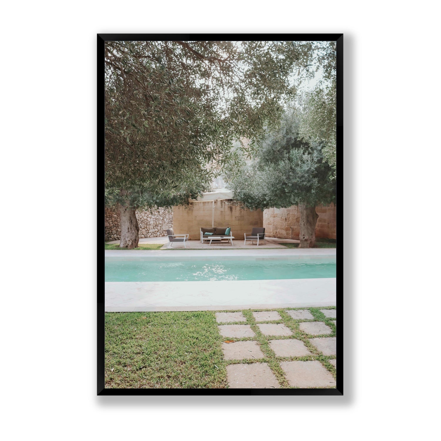 Idyllic Escape Puglia Mediterranean wall art Statement full-bleed fine art print in black frame