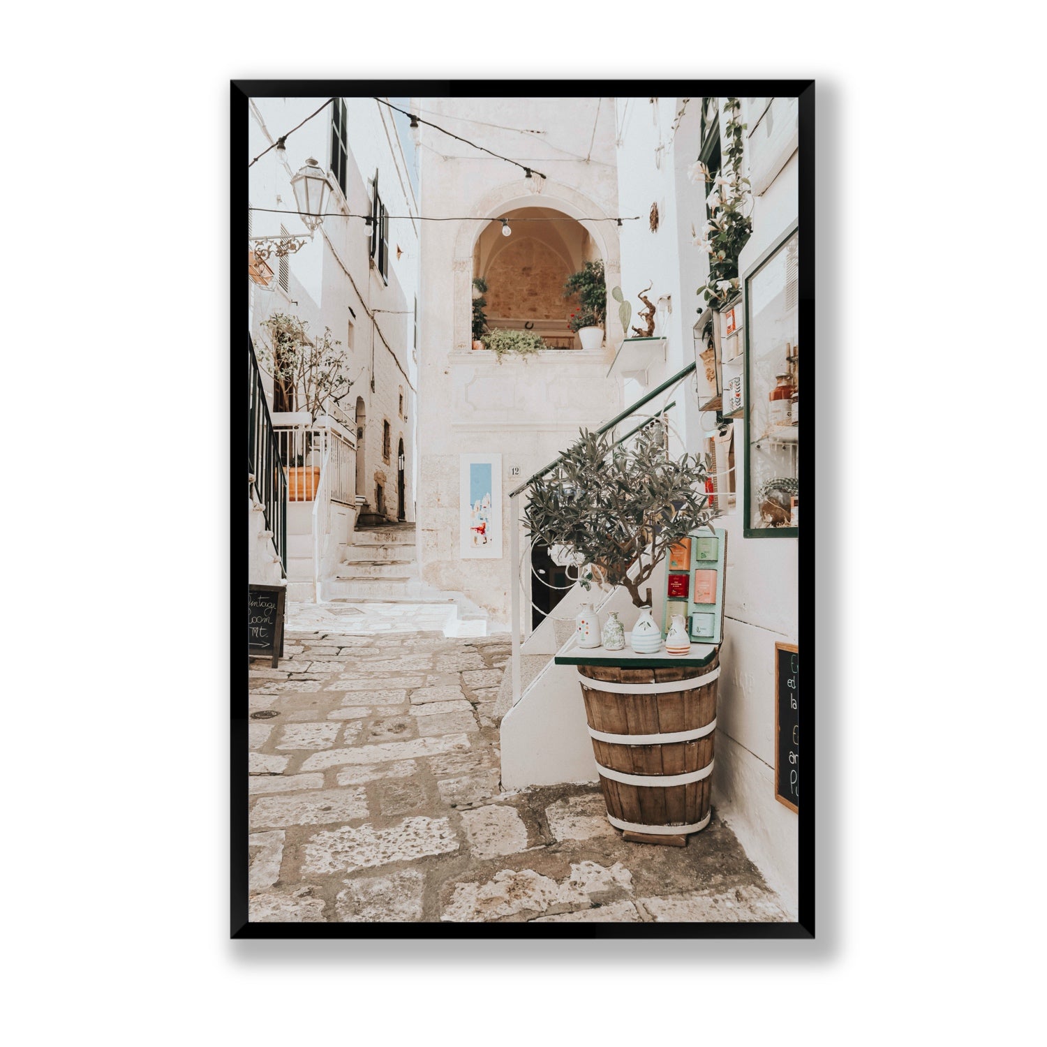Olive Tree Lane Puglia Ostuni Mediterranean decor wall art Statement full-bleed fine art print in black frame