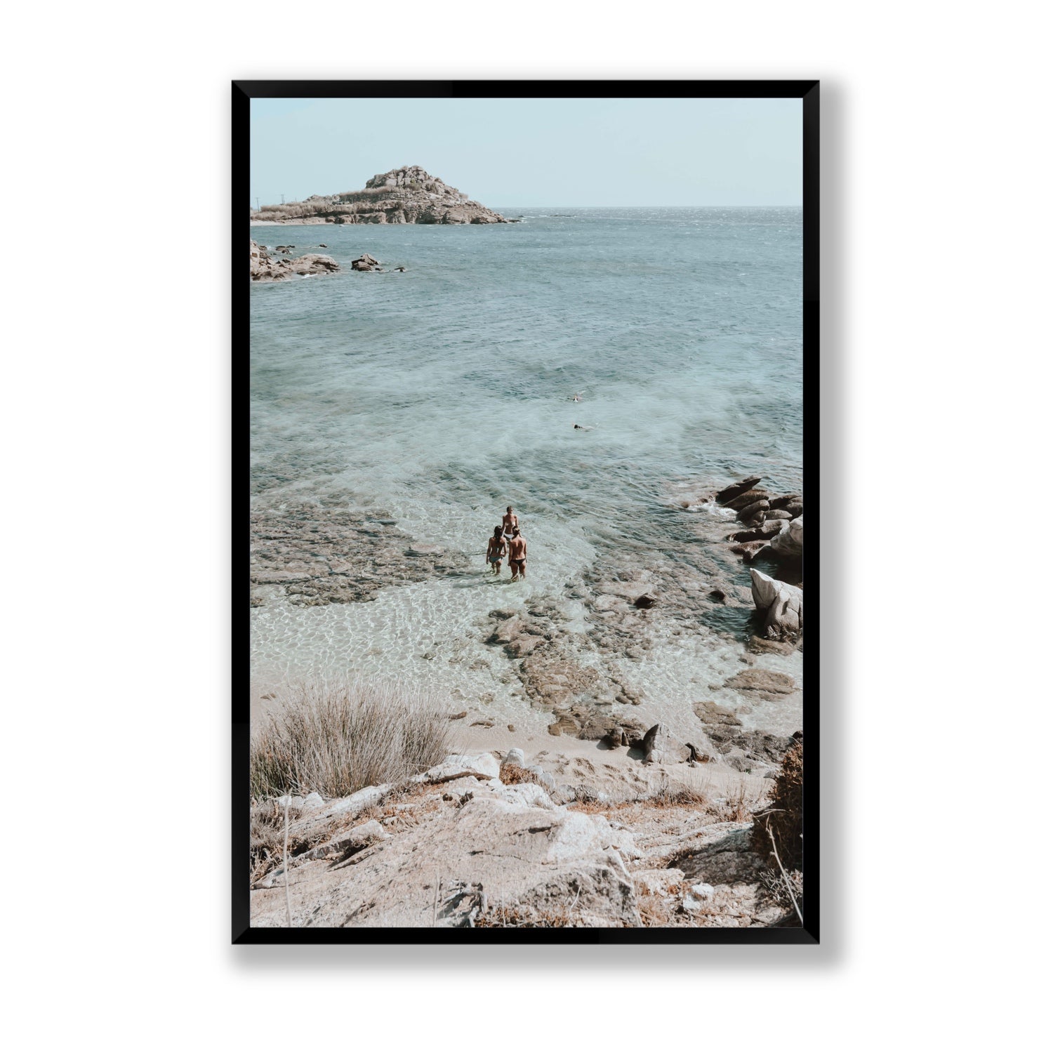 Island Life Mykonos coastal Greek island wall art Statement full-bleed fine art print in black frame