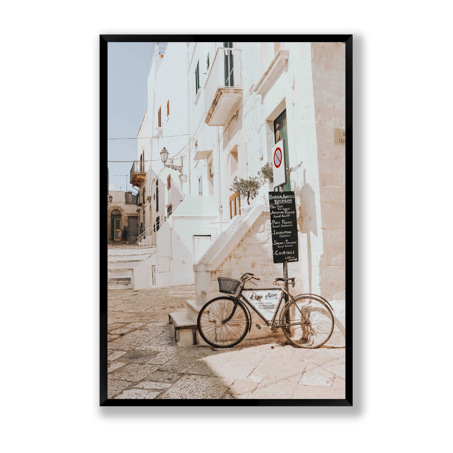 La Bicicletta Puglia Ostuni wall art Statement full-bleed fine art print in black frame