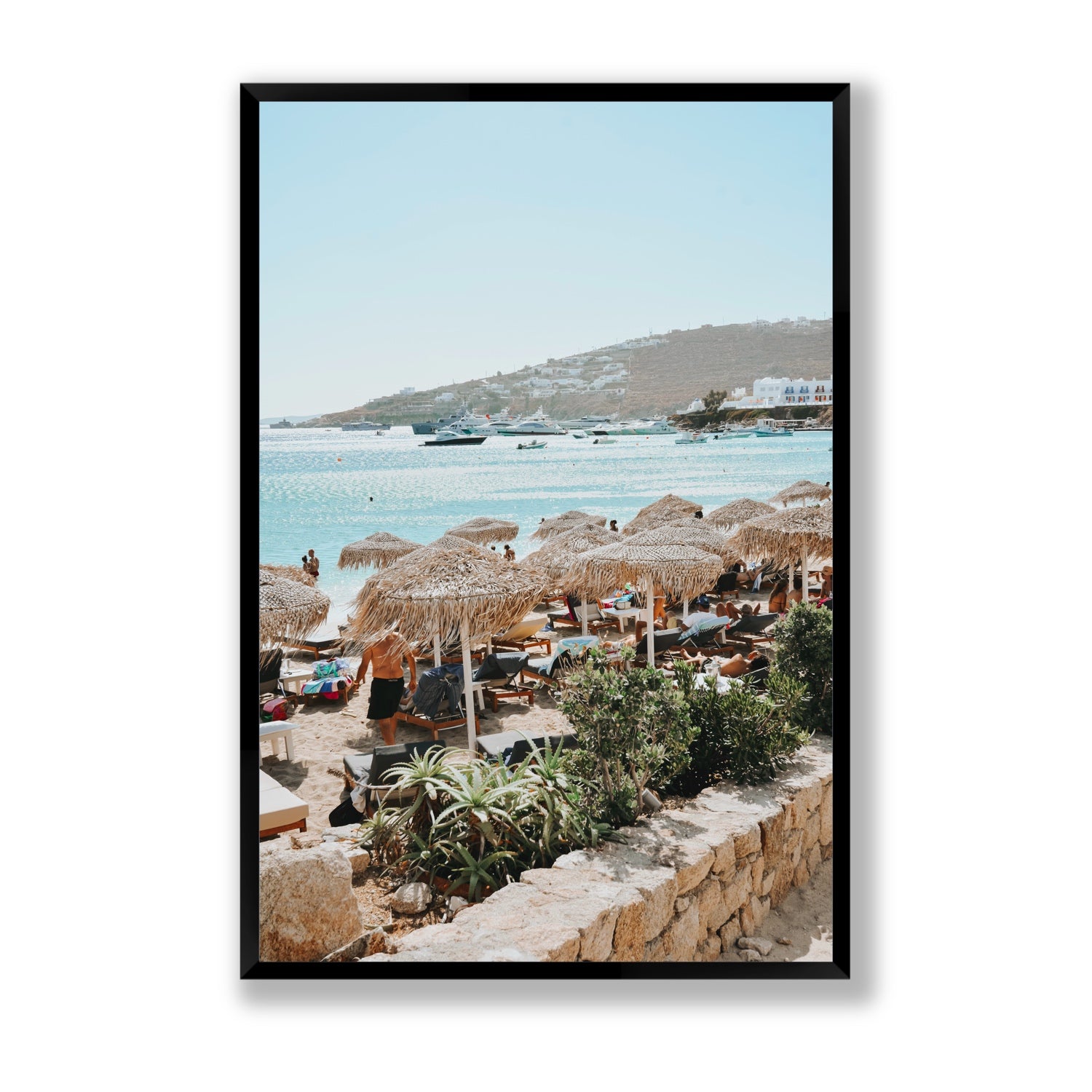 Beachside Huts Mykonos Greek island wall art Statement full-bleed fine art print in black frame