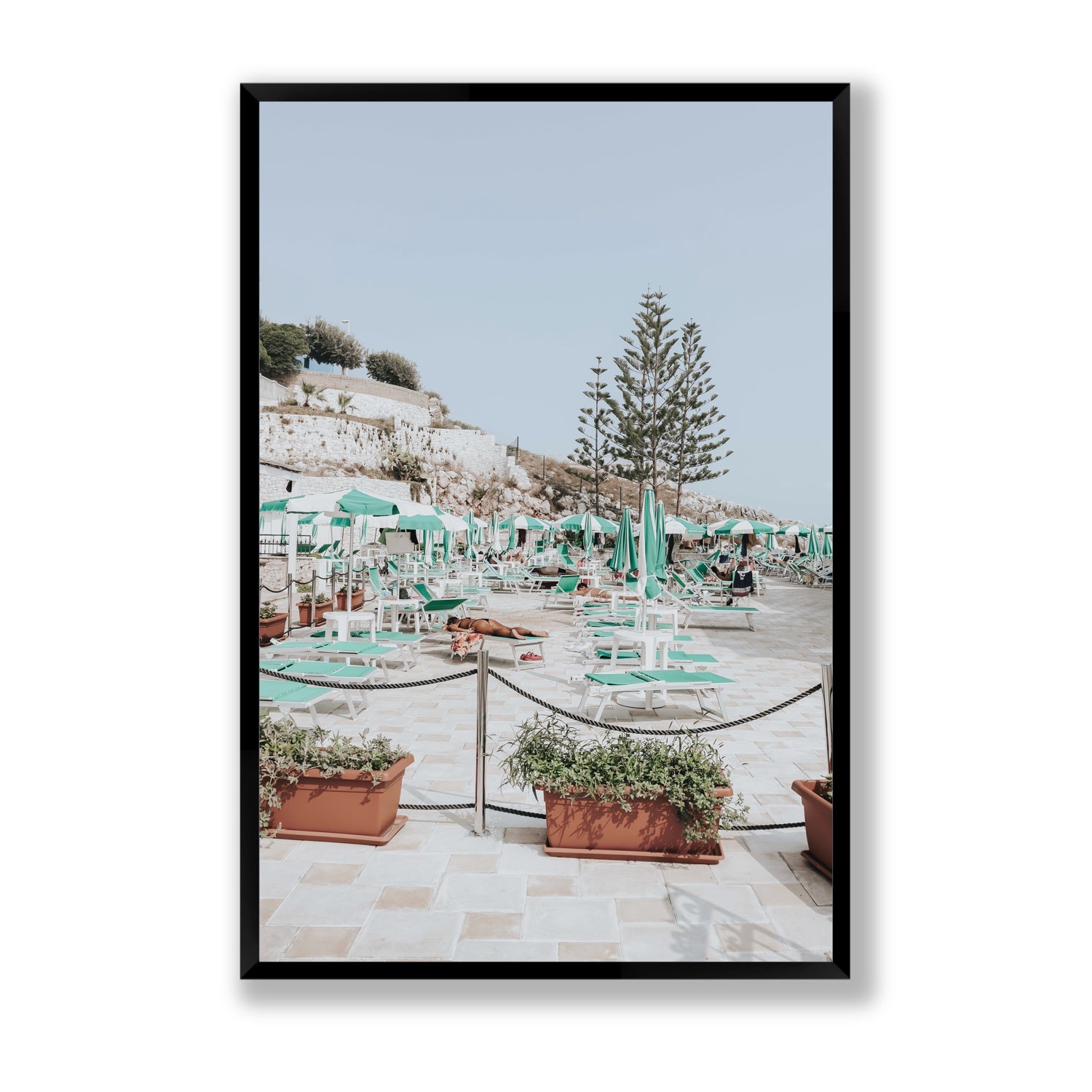 Siesta on The Terrace Puglia coastal wall art Statement full-bleed fine art print in black frame