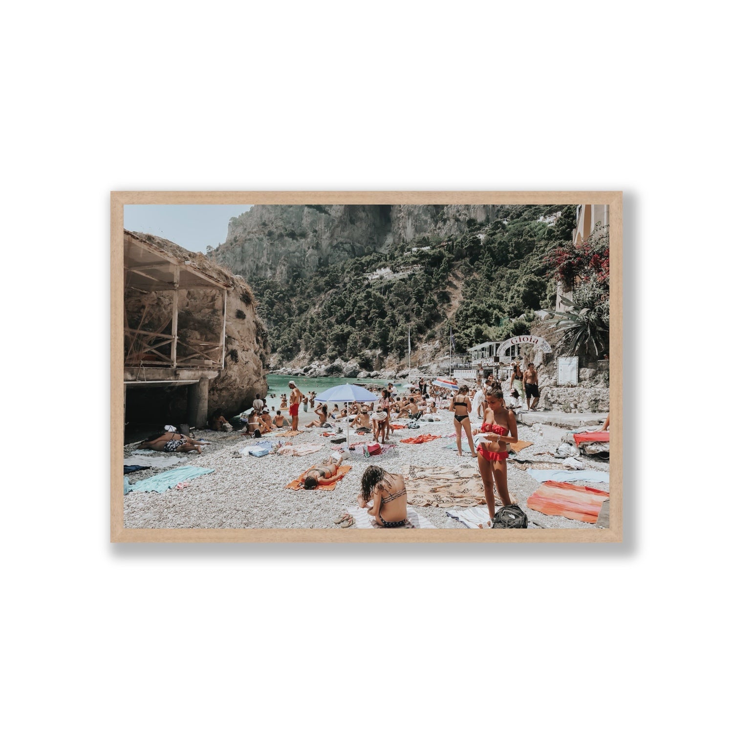 Spiaggia Da Gioia Capri beach coastal wall art Giant full-bleed fine art print in natural oak frame