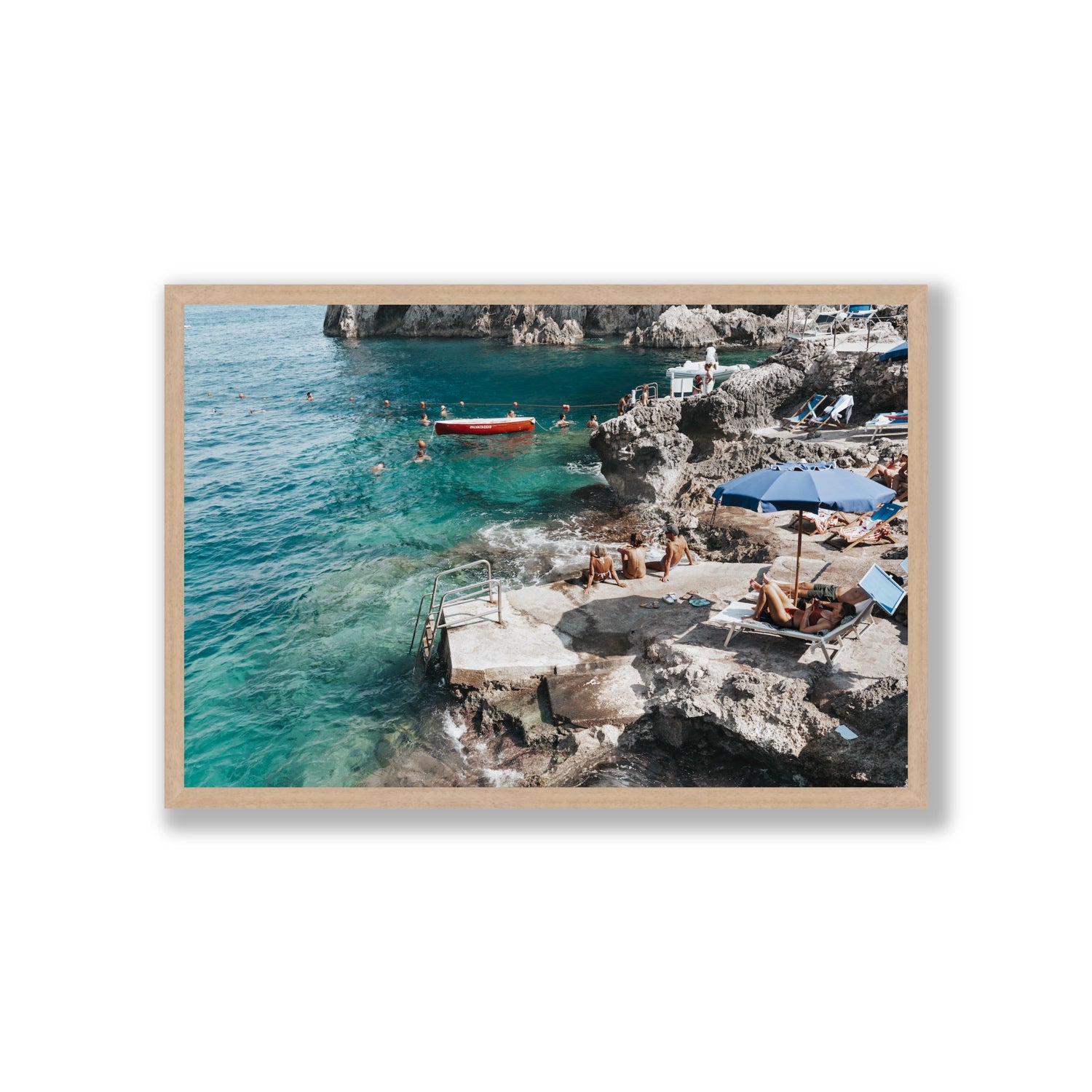 Serenity By The Sea Capri Mediterranean wall art Giant full-bleed fine art print in natural oak frame