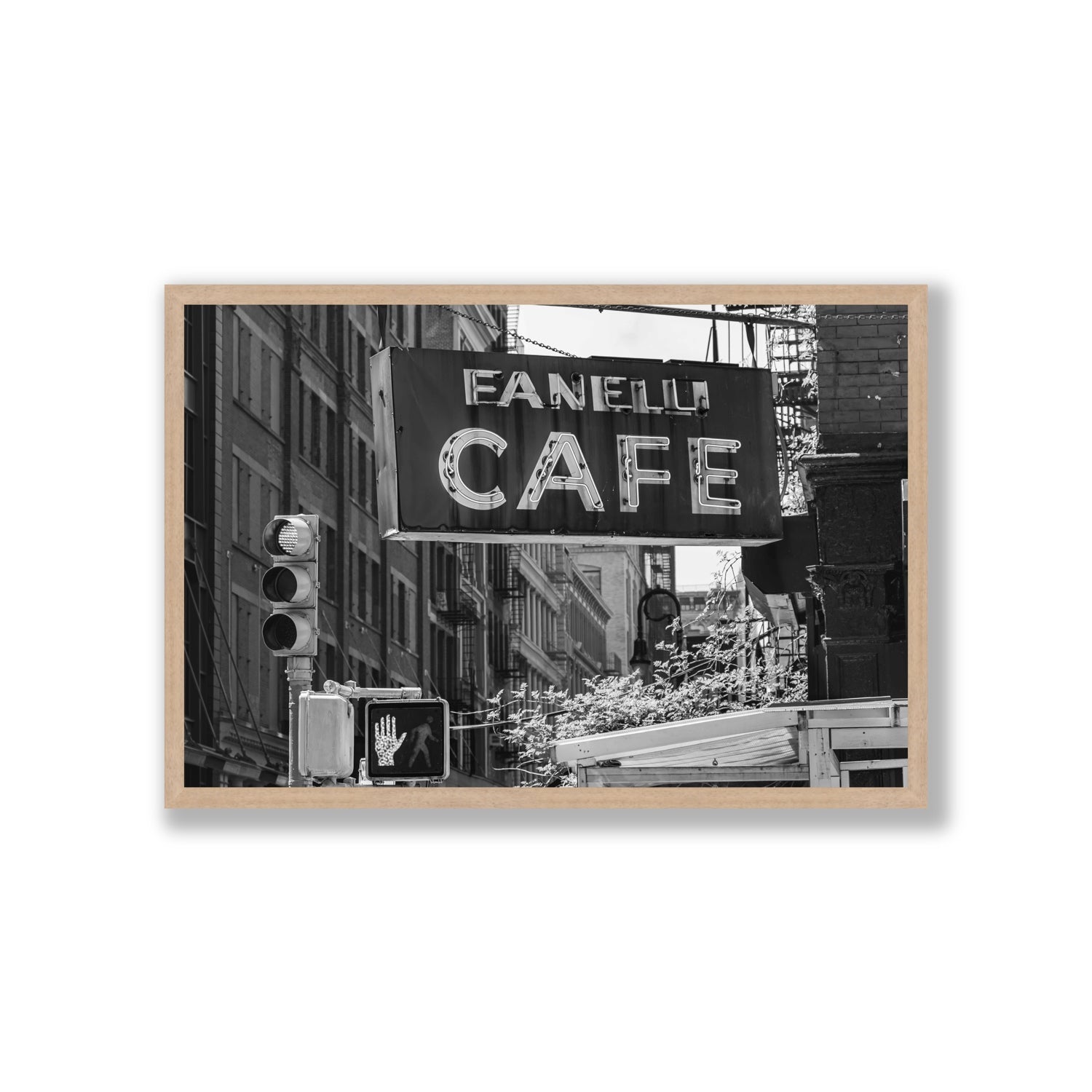Soho Neon New York NYC Black & White wall art Giant full-bleed fine art print in natural oak frame