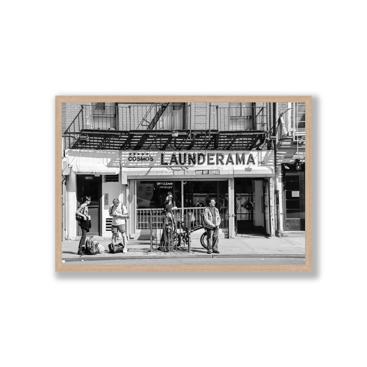Launderama New York NYC Black & White wall art Giant full-bleed fine art print in natural oak frame