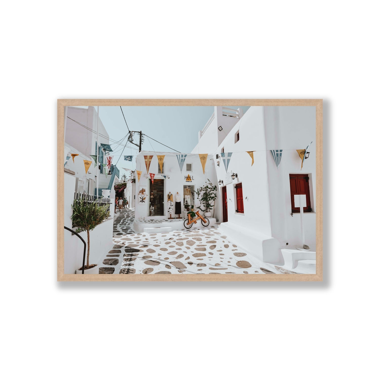 Cruising The Streets Mykonos Greek island wall art Giant full-bleed fine art print in natural oak frame