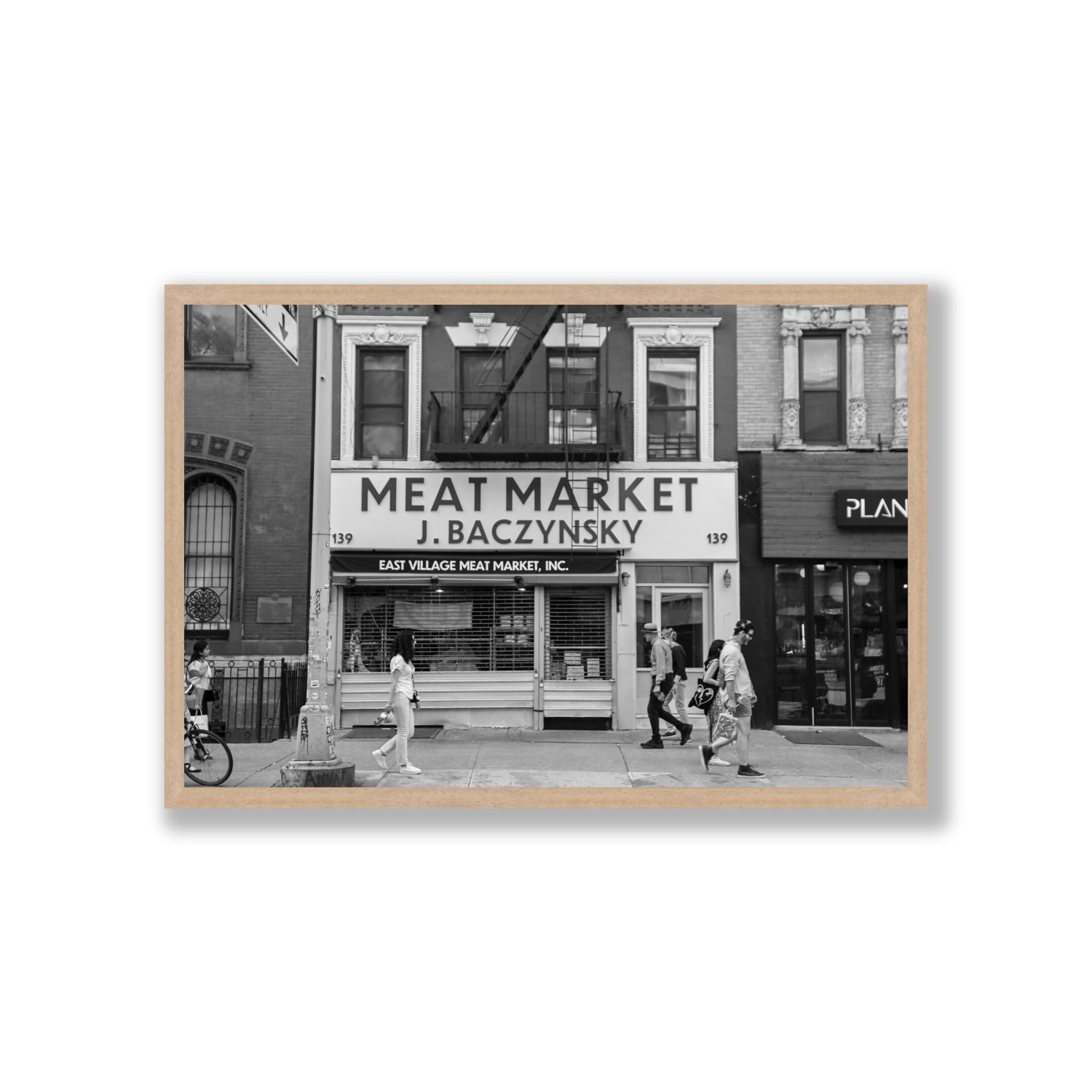 Meat District New York NYC Black & White wall art Giant full-bleed fine art print in natural oak frame
