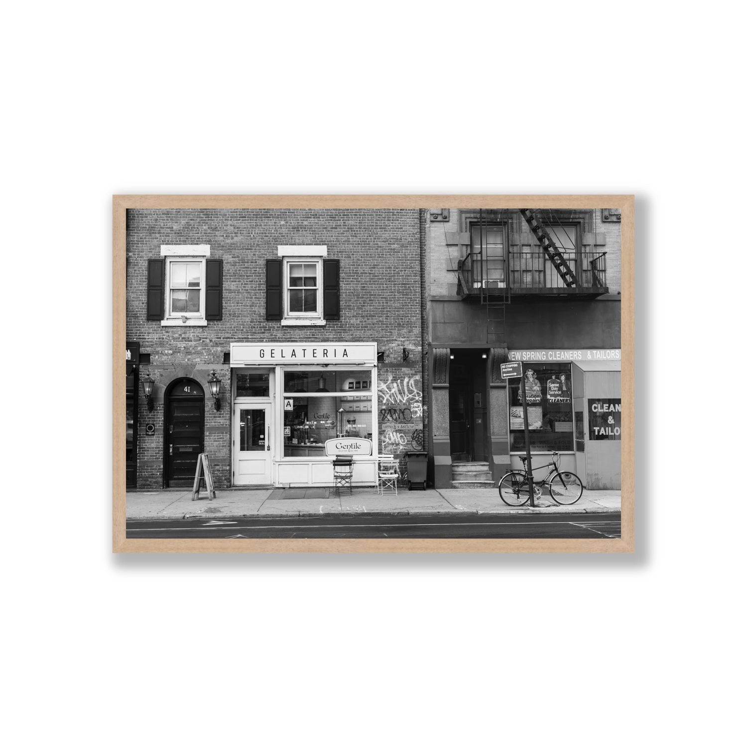 West Village Dolcezza New York NYC Black & White wall art Giant full-bleed fine art print in natural oak frame