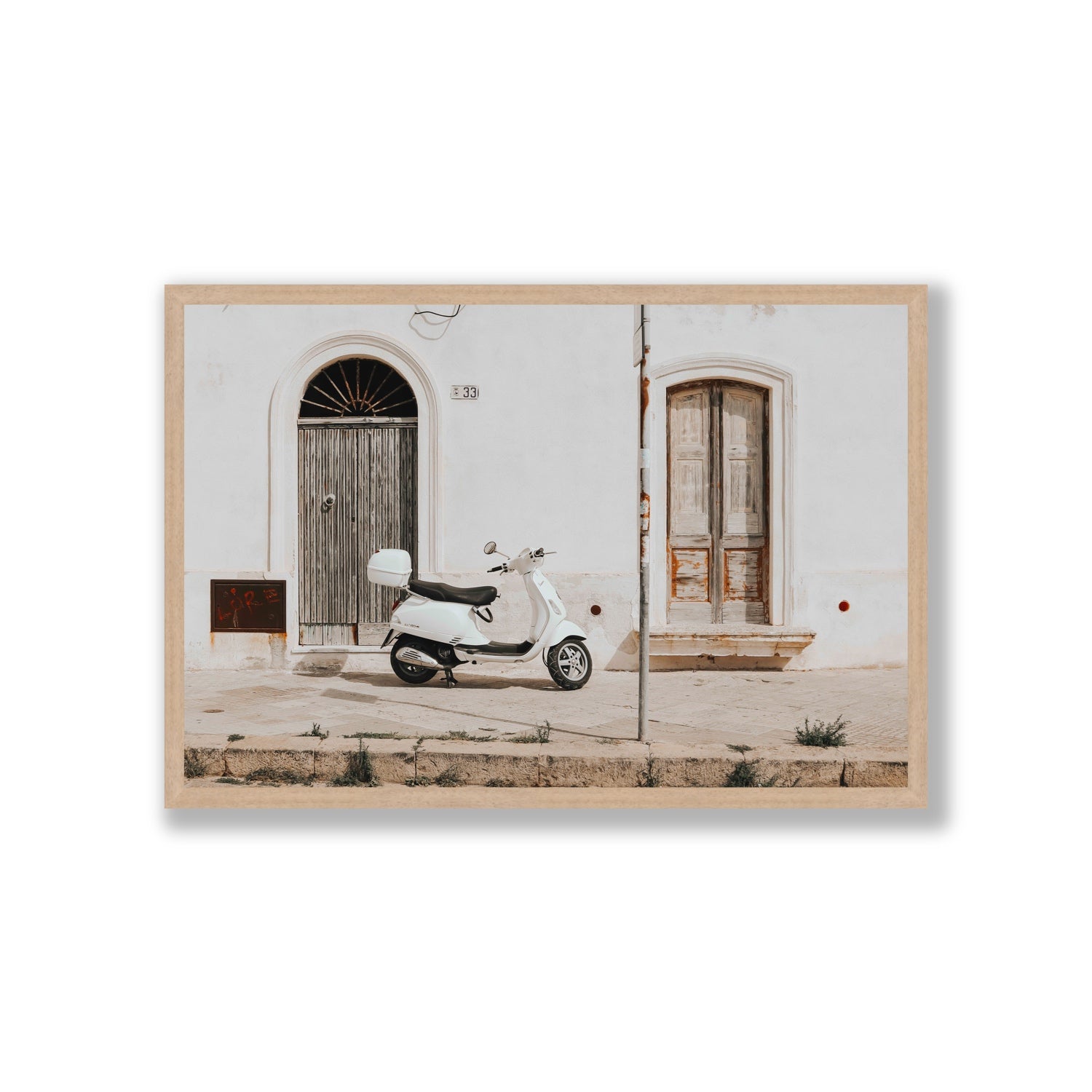 Vespa Nostalgia Puglia Italian wall art Giant full-bleed fine art print in natural oak frame