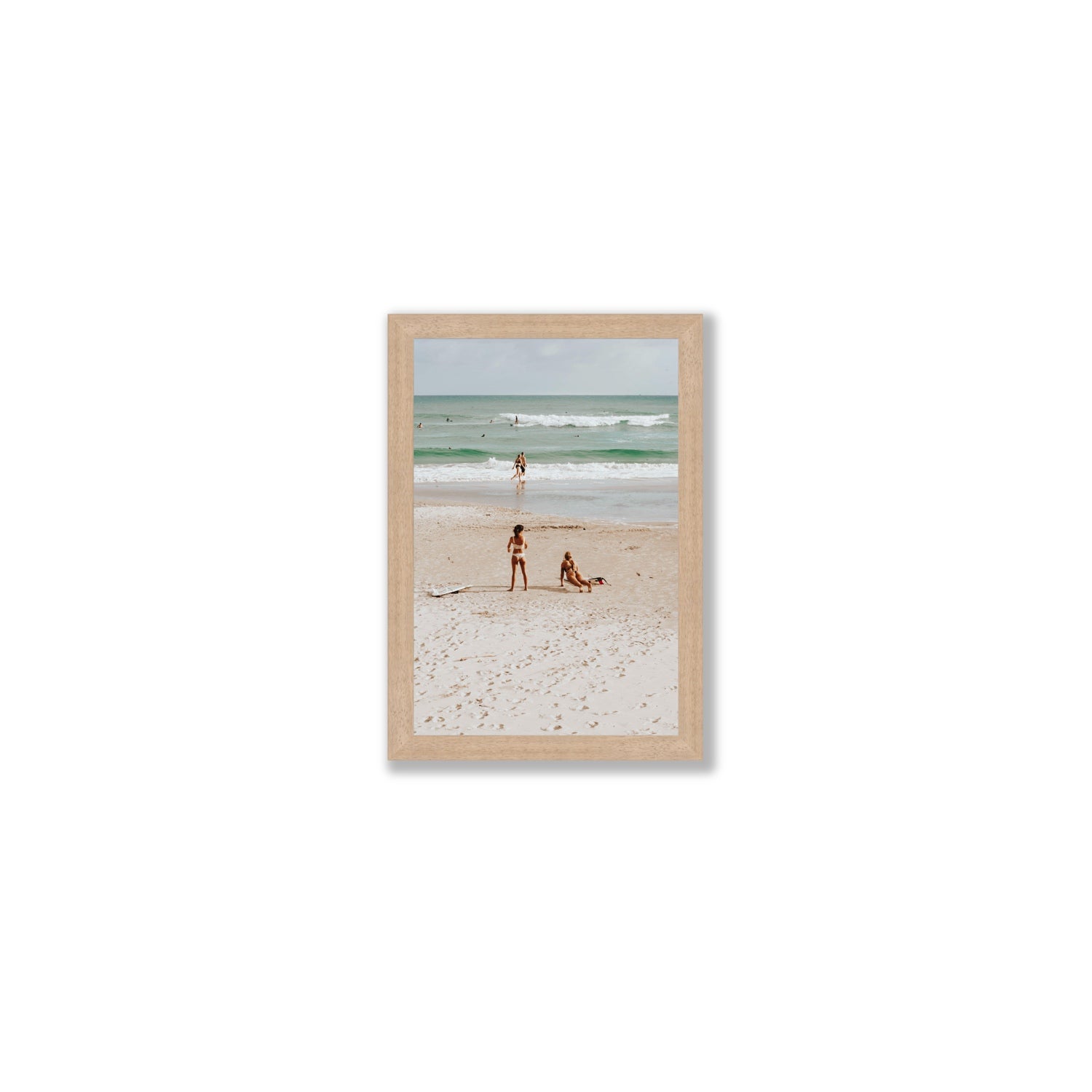 Gidget & Betty Byron Bay beach coastal wall art Small full-bleed fine art print in natural oak frame
