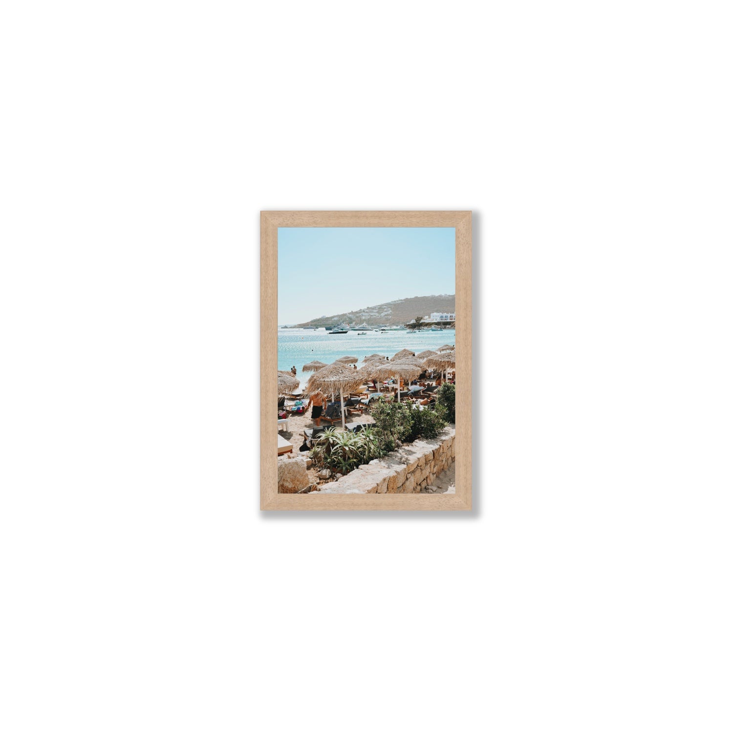 Beachside Huts Mykonos Greek island wall art Small full-bleed fine art print in natural oak frame