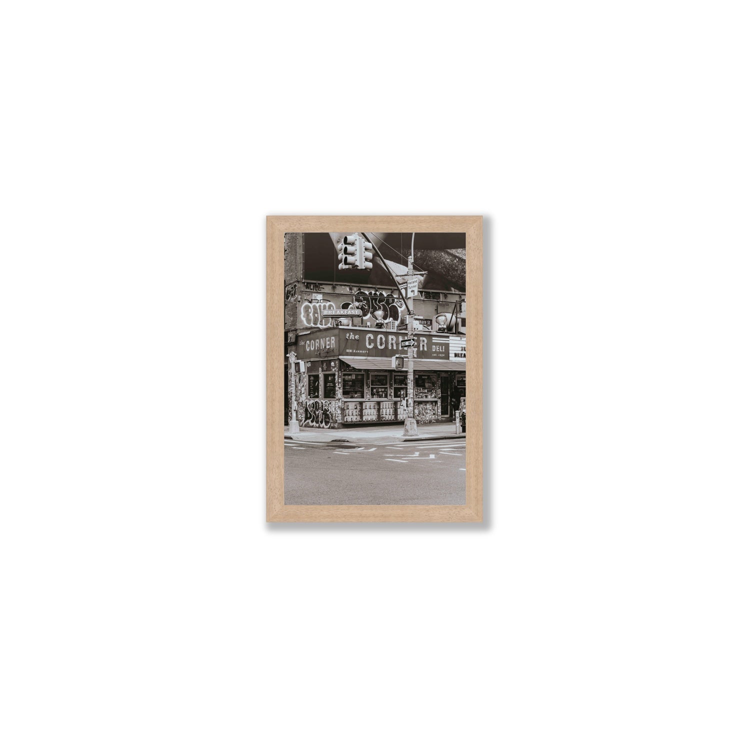 Soho Deli New York NYC Black & White wall art Small full-bleed fine art print in natural oak frame