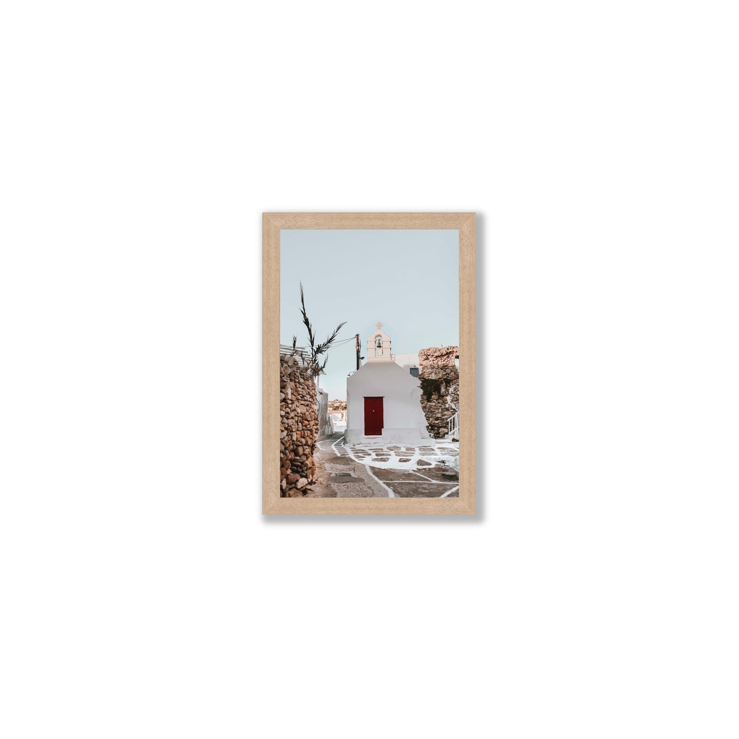 Little Chapel Mykonos Greek island wall art Small full-bleed fine art print in natural oak frame