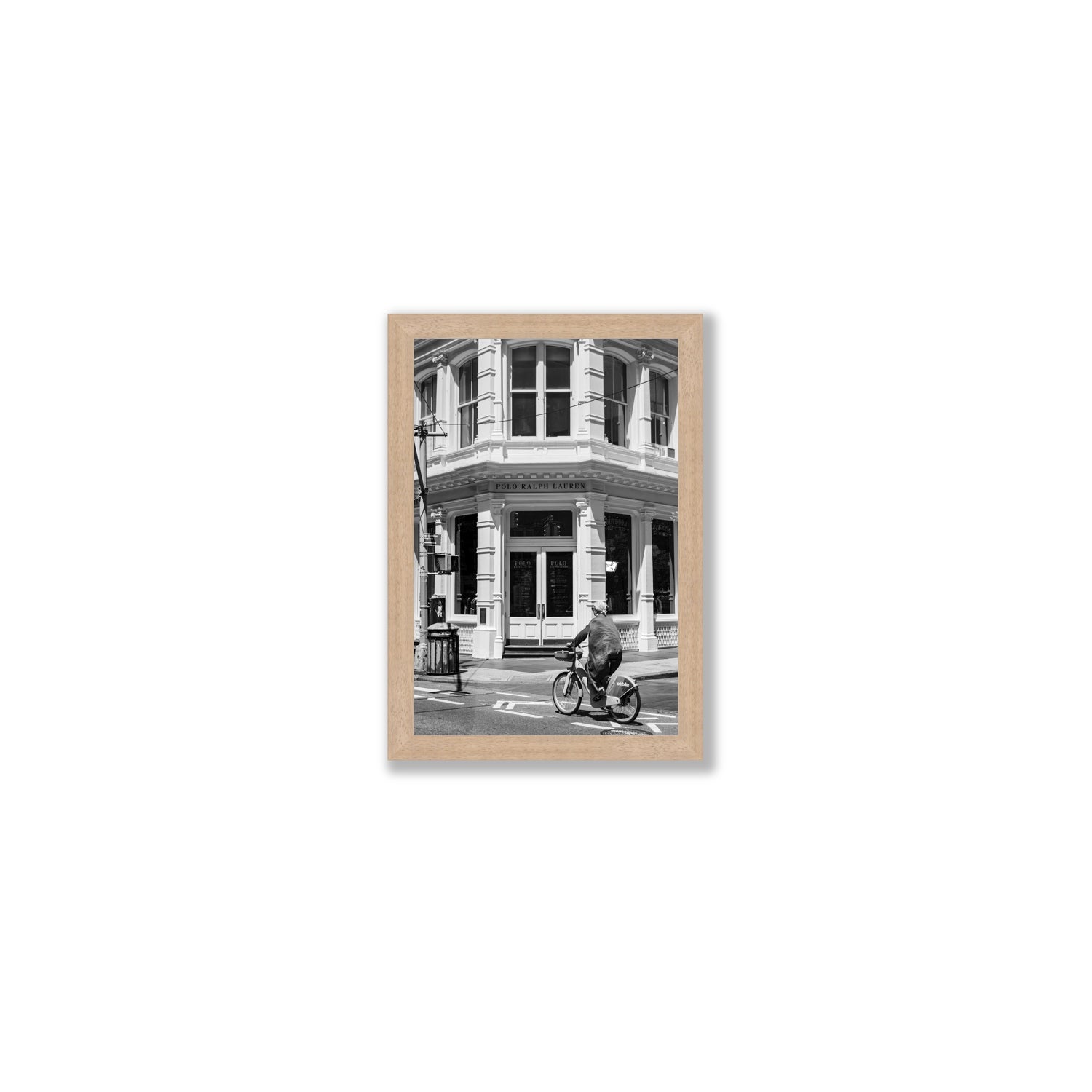 Downtown Rider New York NYC Black & White wall art Small full-bleed fine art print in natural oak frame