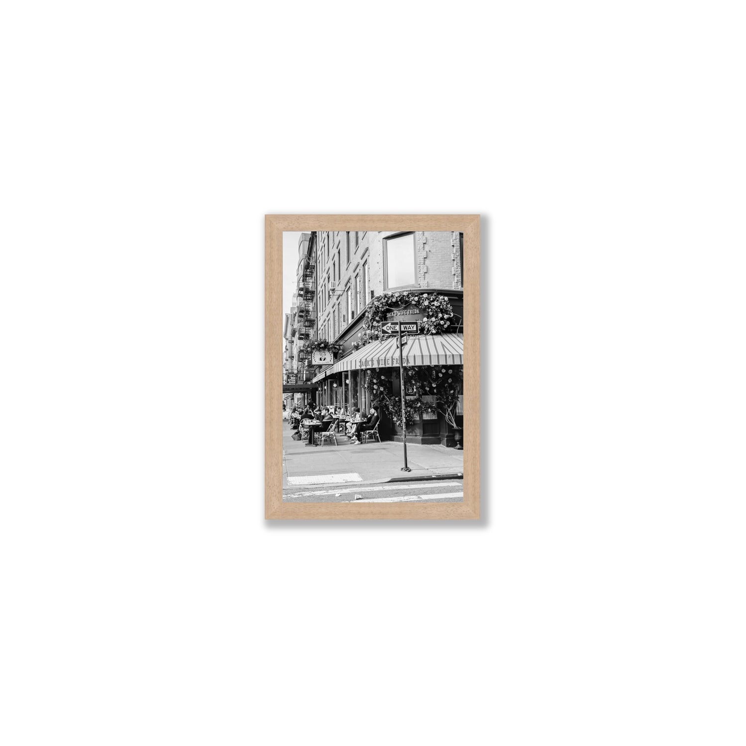 Freda's Feast New York NYC Black & White wall art Small full-bleed fine art print in natural oak frame