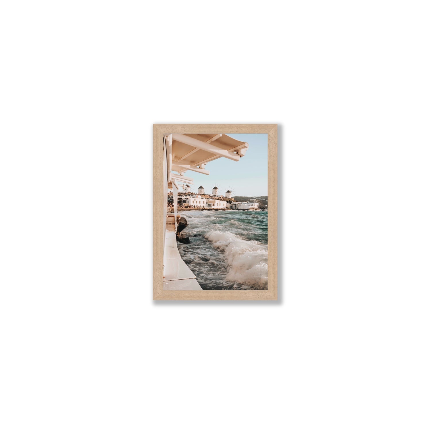 Windmills Mykonos Greek island wall art Small full-bleed fine art print in natural oak frame