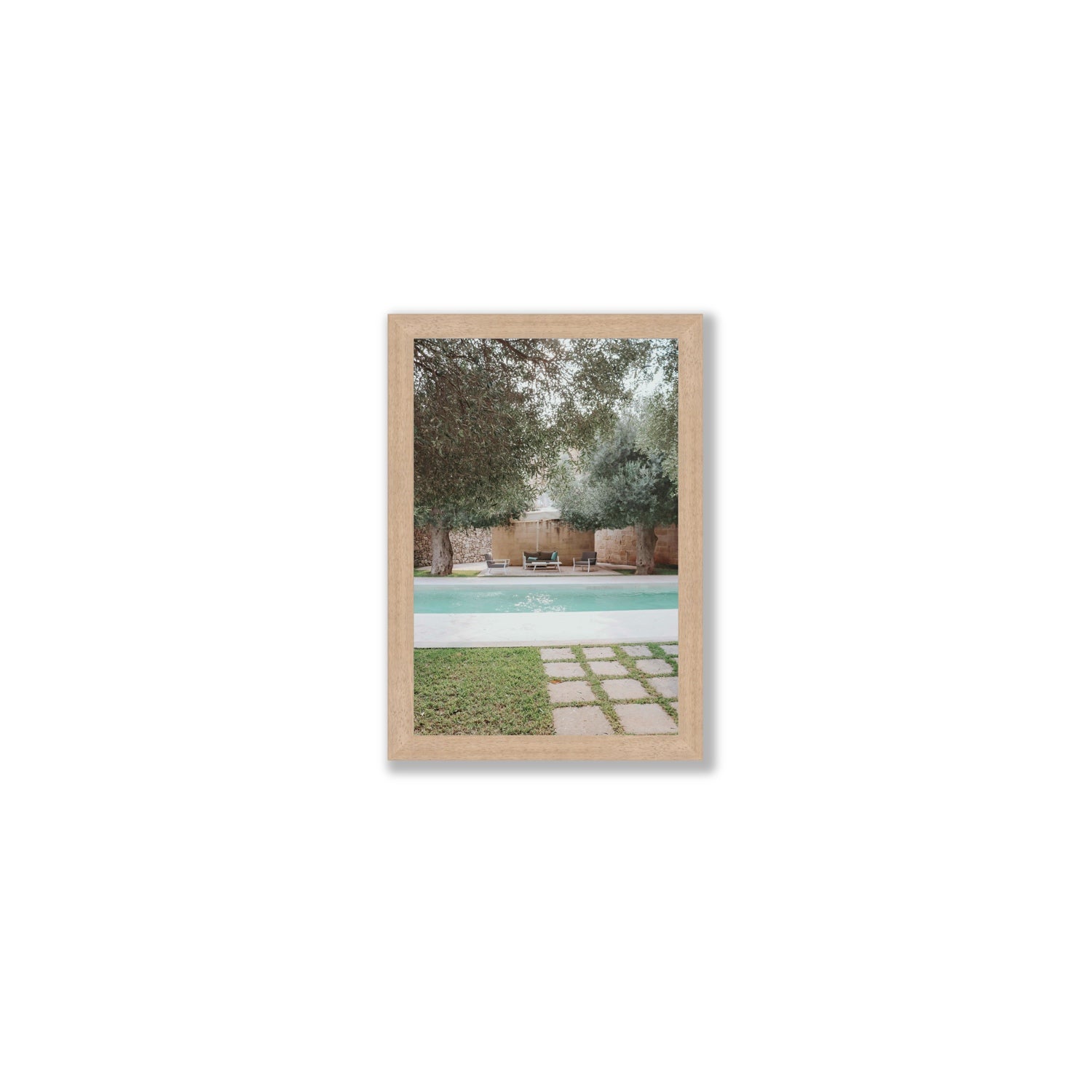 Idyllic Escape Puglia Mediterranean wall art Small full-bleed fine art print in natural oak frame