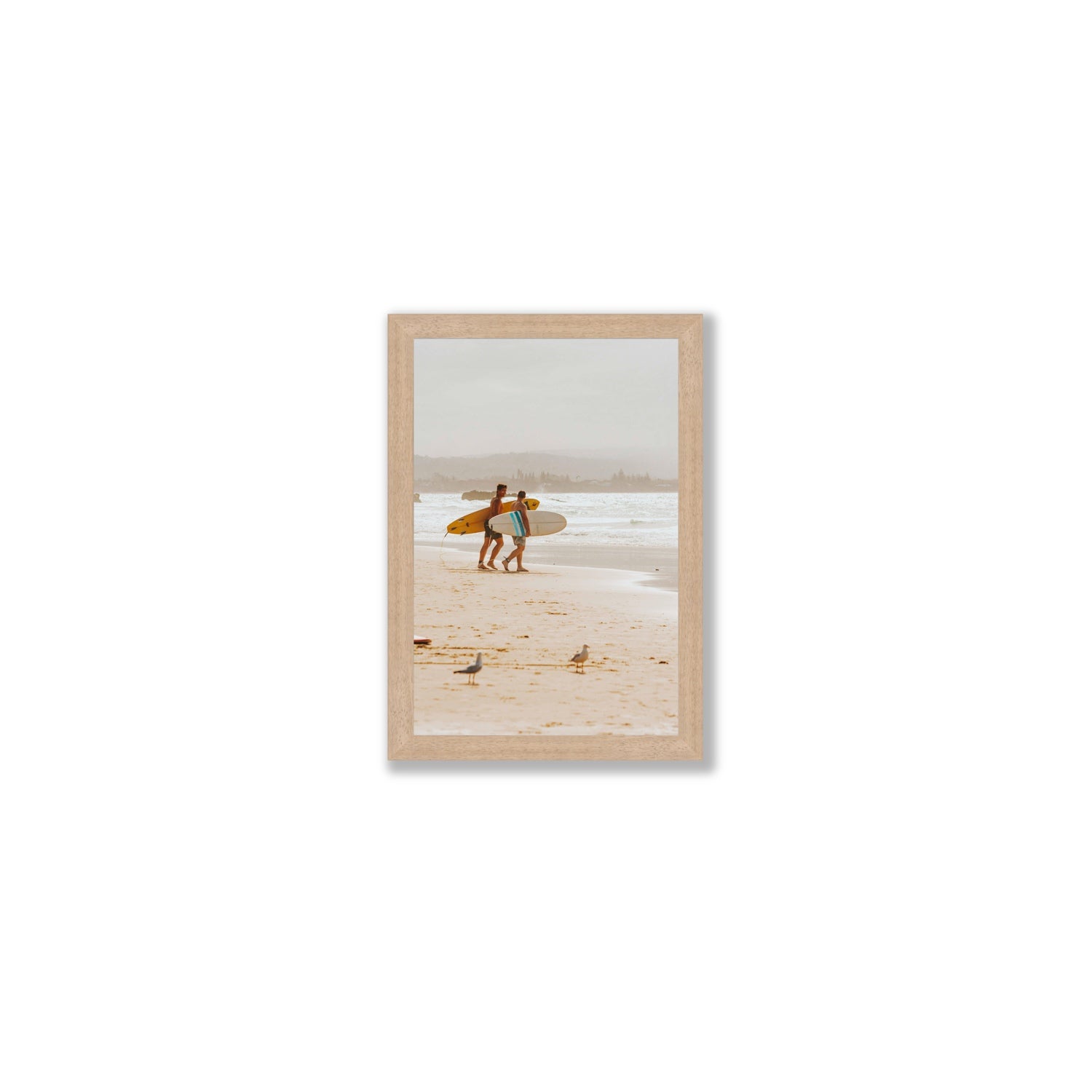 Shane & Benji Byron Bay Surf coastal wall art Small full-bleed fine art print in natural oak frame
